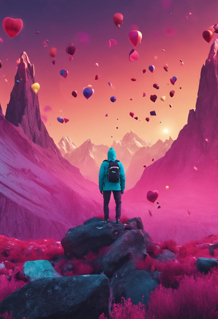 an unmotivated doctor holding a megaphone standing on a mountain, with 3d Instagram icons popping up around you ultra ralist, rico em detalhes