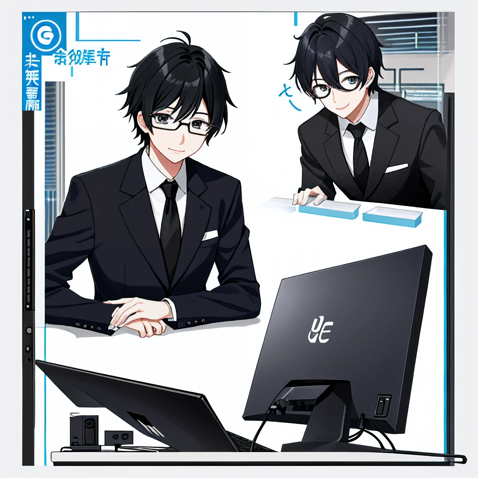 animesque、One Boy, eye glasses、Black hair、Business suits、Note PC、A smile、I have a computer、Face up、The background is all white、Icon image