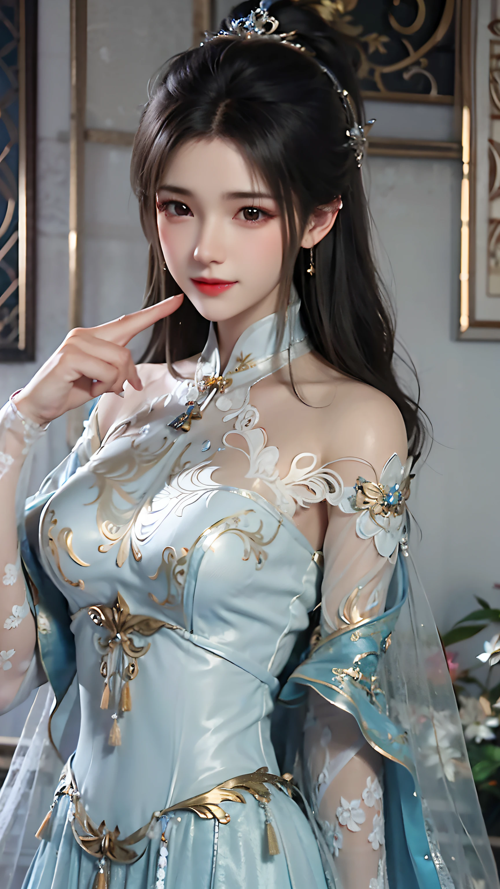 A woman in a blue dress,Wear a tie and veil, gorgeous chinese models, a beautiful fantasy empress, Japanese goddess, Chinese style, ((a beautiful fantasy empress)), Palace , A girl in Hanfu, Chinese dress, Ethereal beauty, Chinese girl, Chinese costume, Cheongsam, Oriental fantasy, full-body xianxia, 8K))
