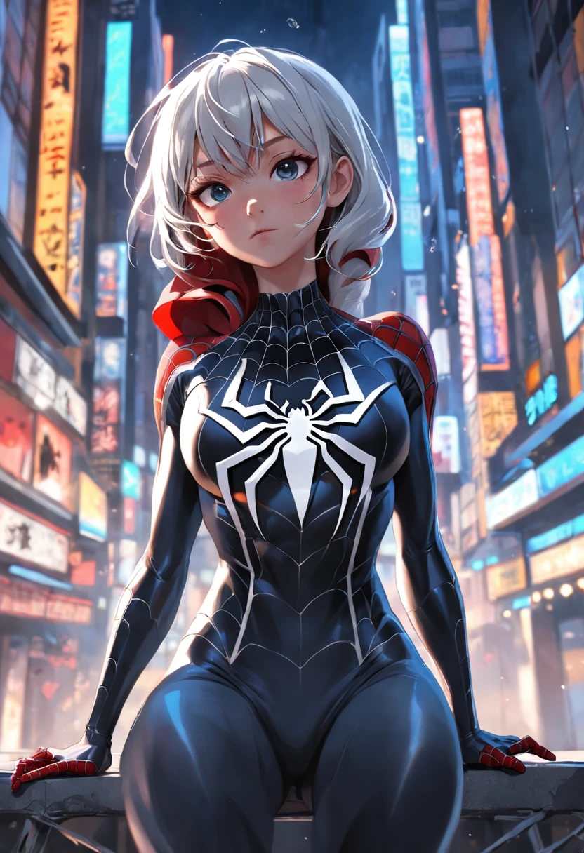 A Spider-Man in white/black uniform, black clothing details, HDR, UHD, 64K, highly detailed, professional photography by Sergio Nogueira, trending on artstation, unreal engine, vivid colors, high resolution scanning
