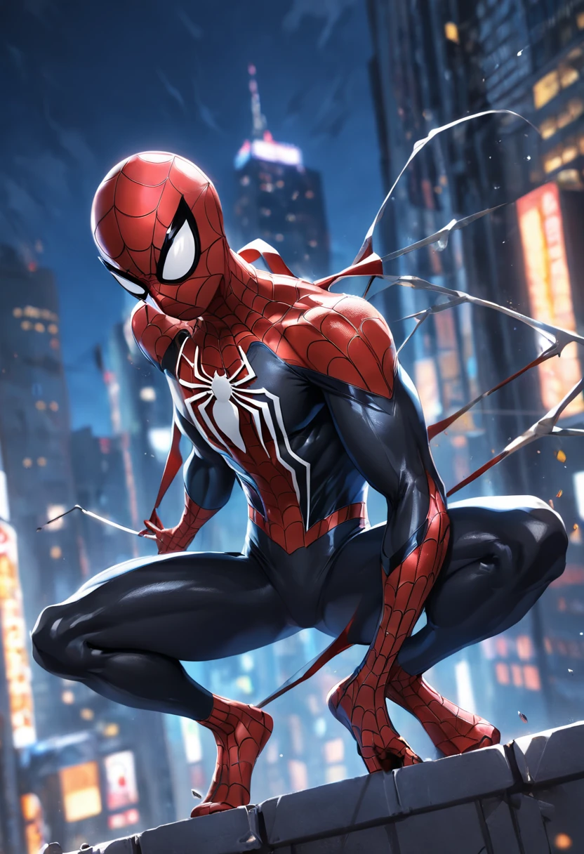 A Spider-Man in white/black uniform, black clothing details, HDR, UHD, 64K, highly detailed, professional photography by Sergio Nogueira, trending on artstation, unreal engine, vivid colors, high resolution scanning