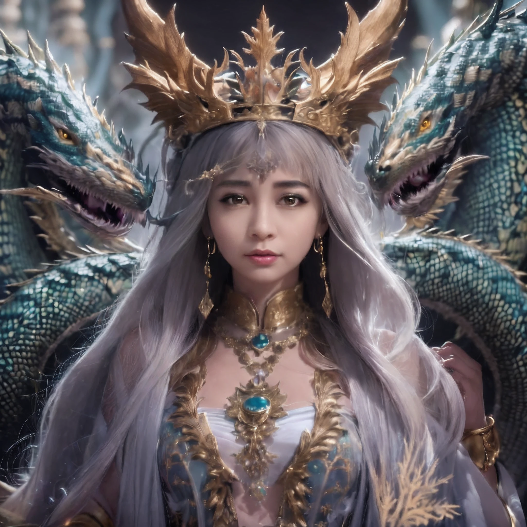 a close up of a woman with a dragon headdress and a dragon, a beautiful fantasy empress, queen of dragons, ornate cosplay, the dragon girl portrait, fantasy art style, ((a beautiful fantasy empress)), ross tran 8 k, xianxia fantasy, epic fantasy art style, chinese fantasy, dragon queen, fanart best artstation, loong