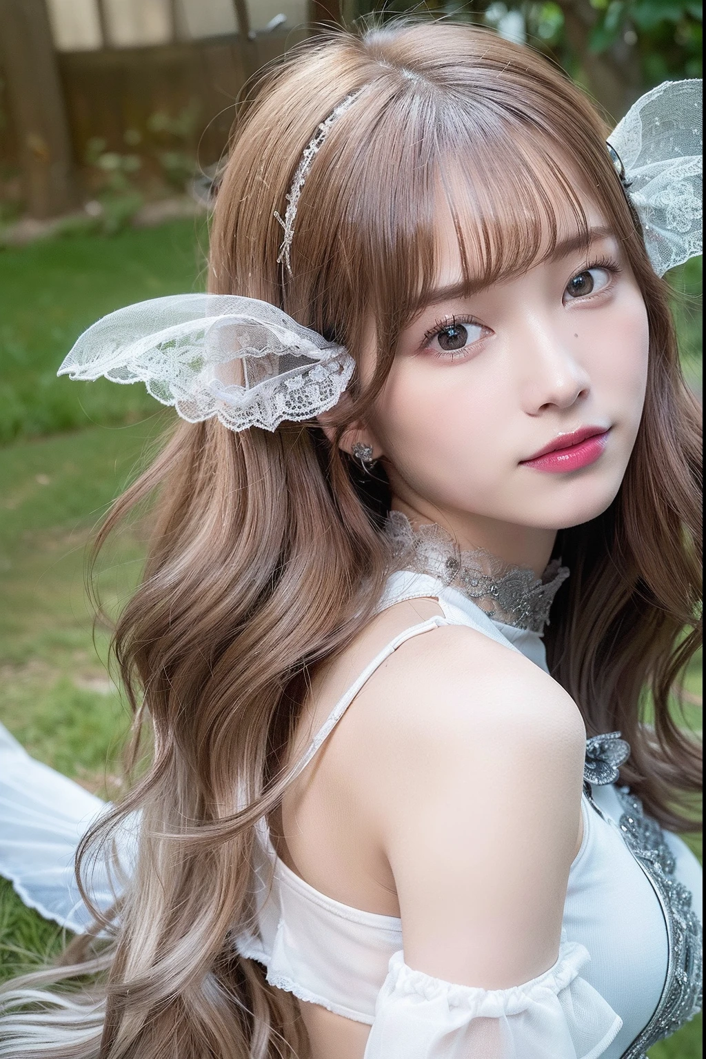 ((Best Quality:1.2, 8k, photo realistic:1.4, Masterpiece, back Lighting, caustics, Ultimate pretty Girl, Highly Detailed beautiful Textures, detailed beauty makeup:1.2, realistic skin, detailed deep eyes, detailed bangs)), medium breast, (canal background), ((white Fairy costume )), (hair ornament), (naughty smile), (detailed brilliant brown and silver two-tone wavy medium hair), ((round face)), (head tilt), from above , (wind)