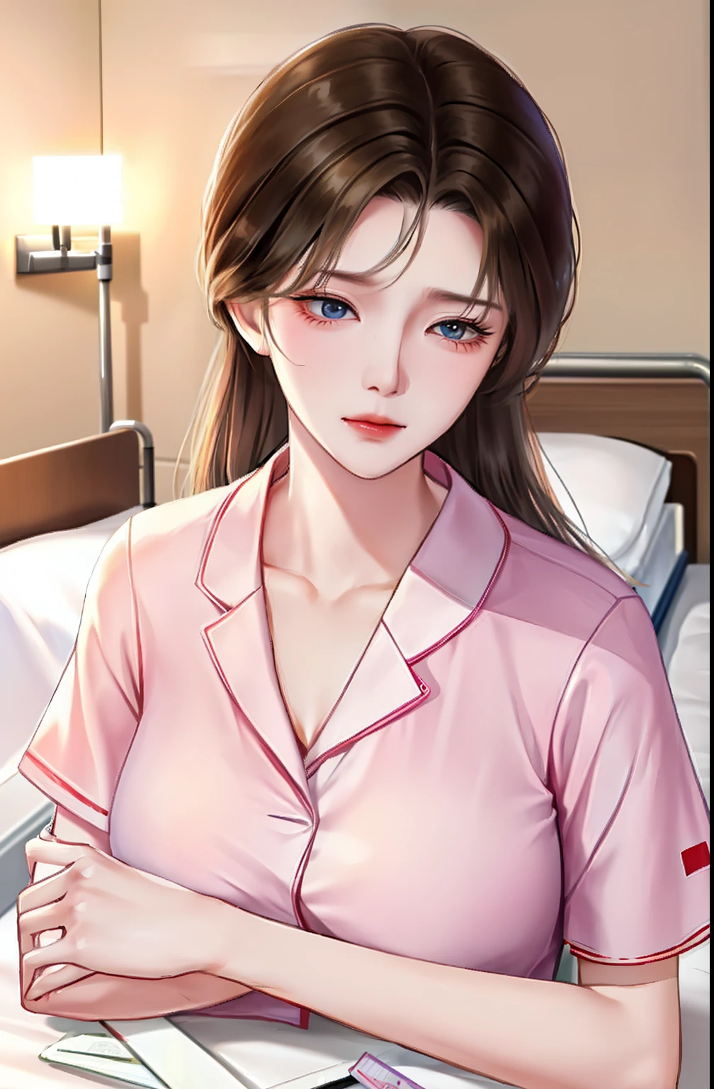 A woman lies on a hospital room, super big chest, Looks weak。On the table next to the hospital bed was a letter and a credit card, sick