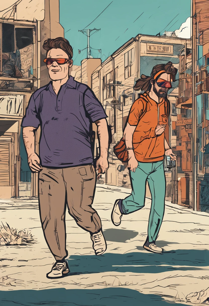 person wearing a sleep mask while walking and listening to the audible commands of another person next to them, sons, caminhos, estrada