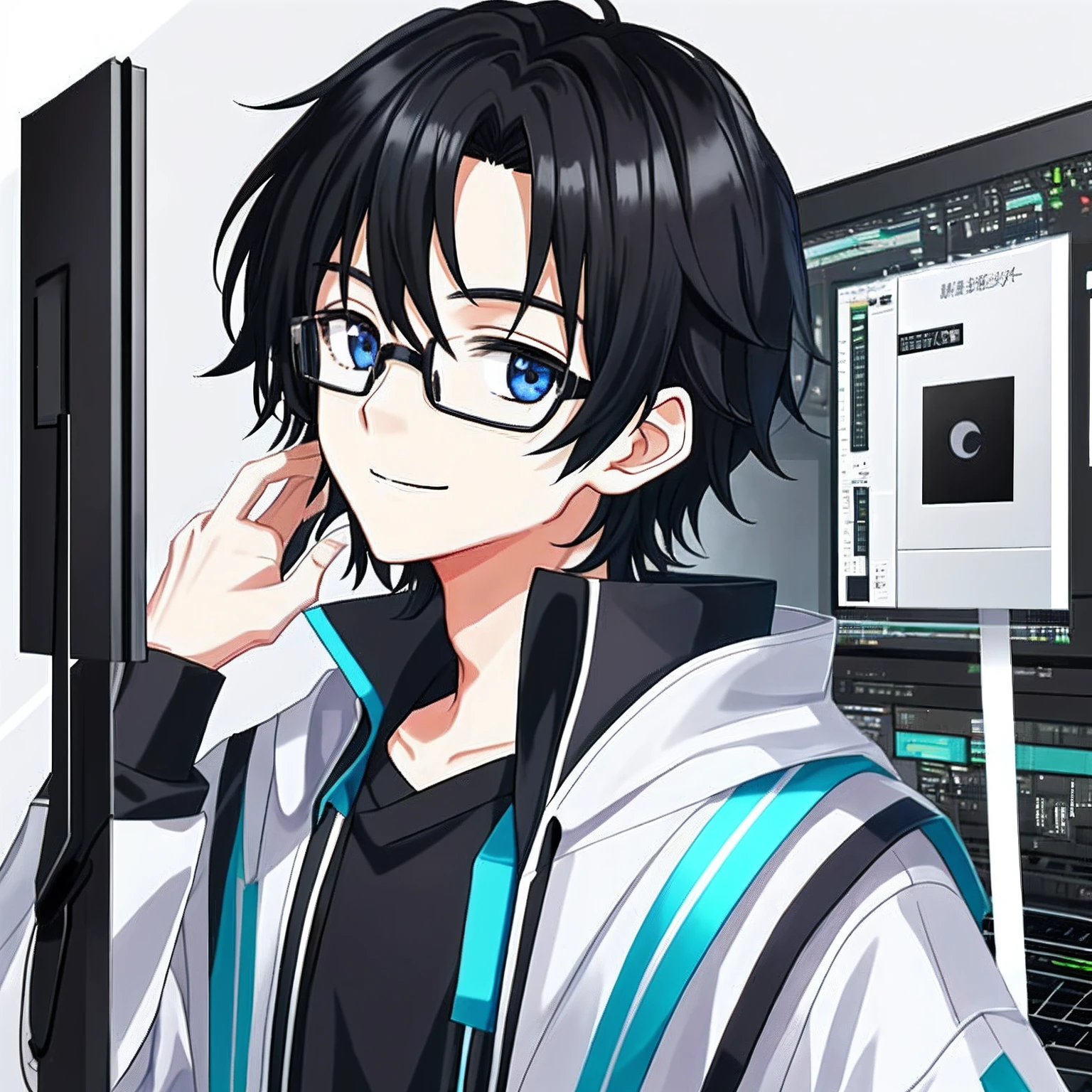 animesque、One Boy, eye glasses、Black hair、A smile、I have a computer、Face up、The background is all white、Icon image、Casual Suit