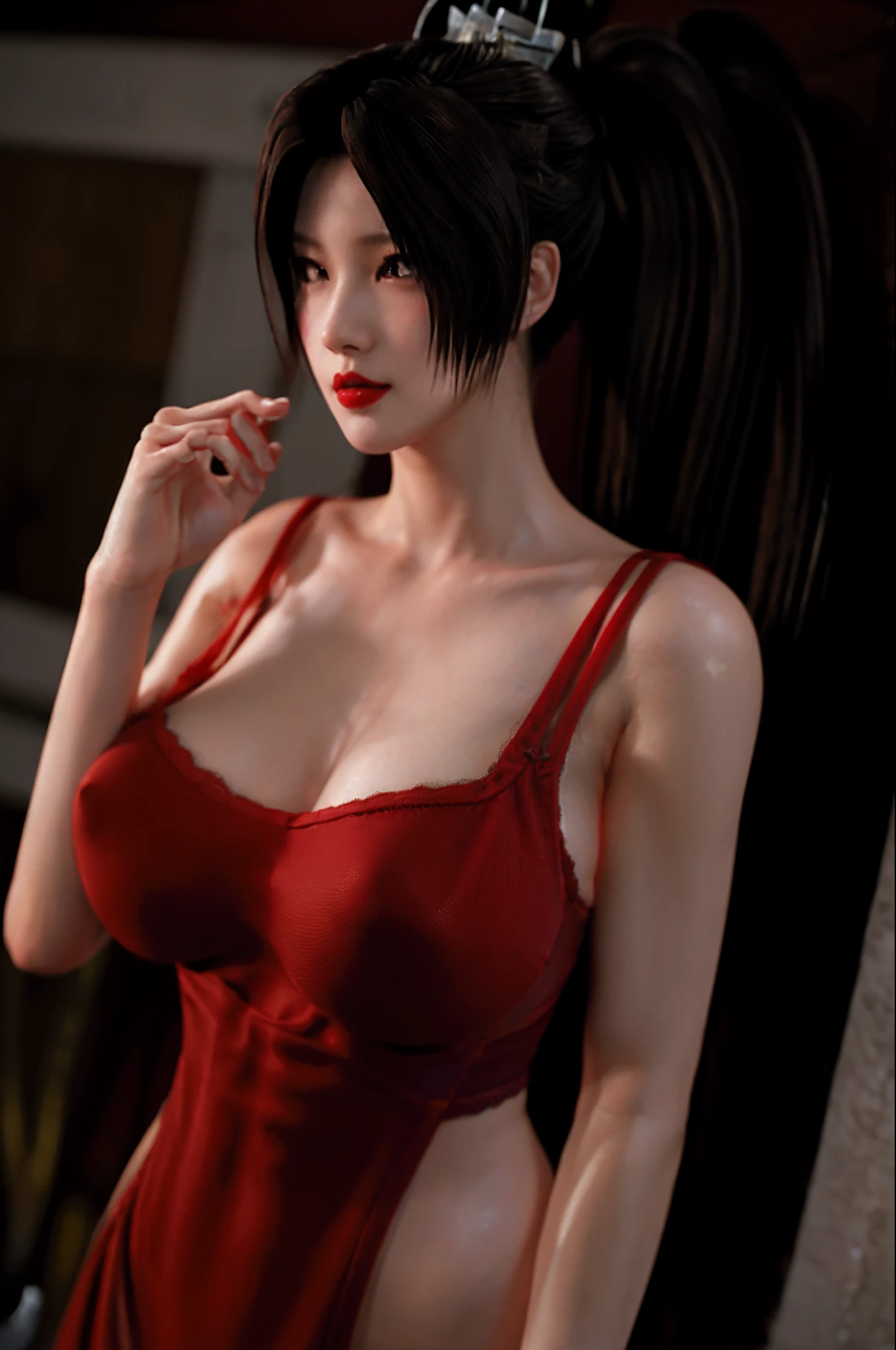 masterpiece,best quality,masterpiece,best quality, 1girl,akiryo-mai,huge breasts,ponytail,shiranui mai,(shiny skin),red lips,upper body,onsen,parted lips,red lips,lingerie,lace-trimmed,curvy
