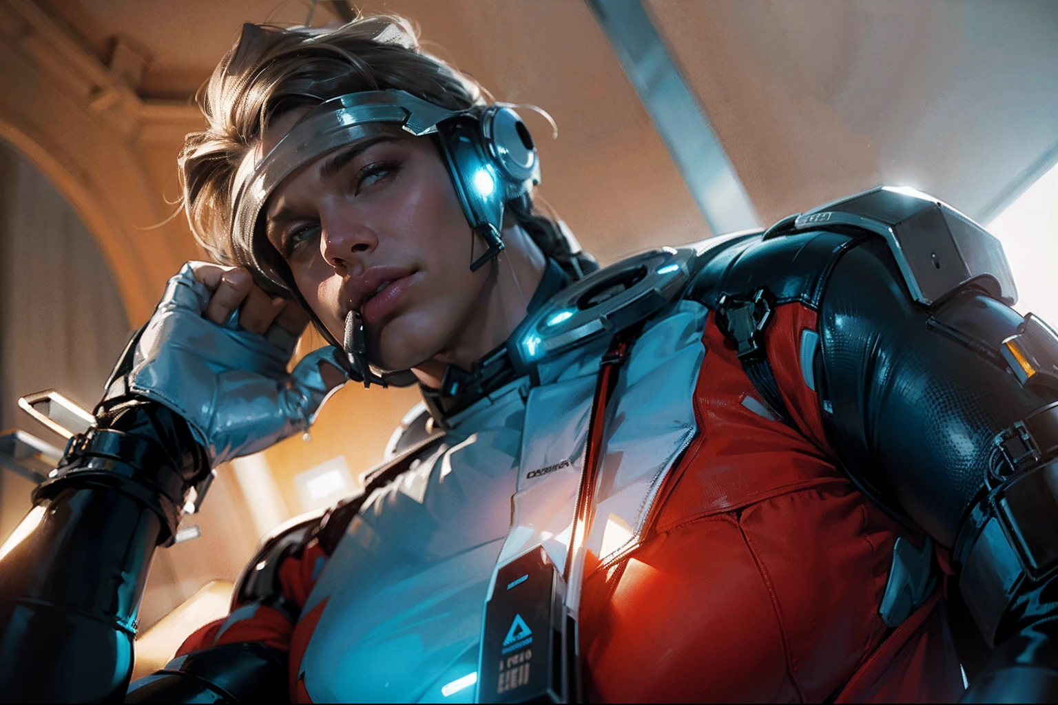 Hay un hombre gritando, High-angle shot of a 20-year-old man with futuristic headphones screaming, por rubio, boca abierta mostrando los dientes, dientes perfectos, Use un traje ajustado de spandex blanco y rojo, (FISHEYE ANGLE)++++, Efecto ojo de pez, ((La mejor calidad)), ((obra maestra)) , (detallado), (High resolution:1.2), (obra maestra), (La mejor calidad), (Ultradetallado), (obra maestra), (La mejor calidad), (Ultradetallado), (obra maestra), ( La mejor calidad), (ultra detallado), obra maestra, (obra maestra)+, cara perfecta, caraVista superior, Top-down aerial shot, 3 cuartos de angular de primer plano, futuristic, Science-Fiction, Science-Fiction, action pose, dynamic pose,