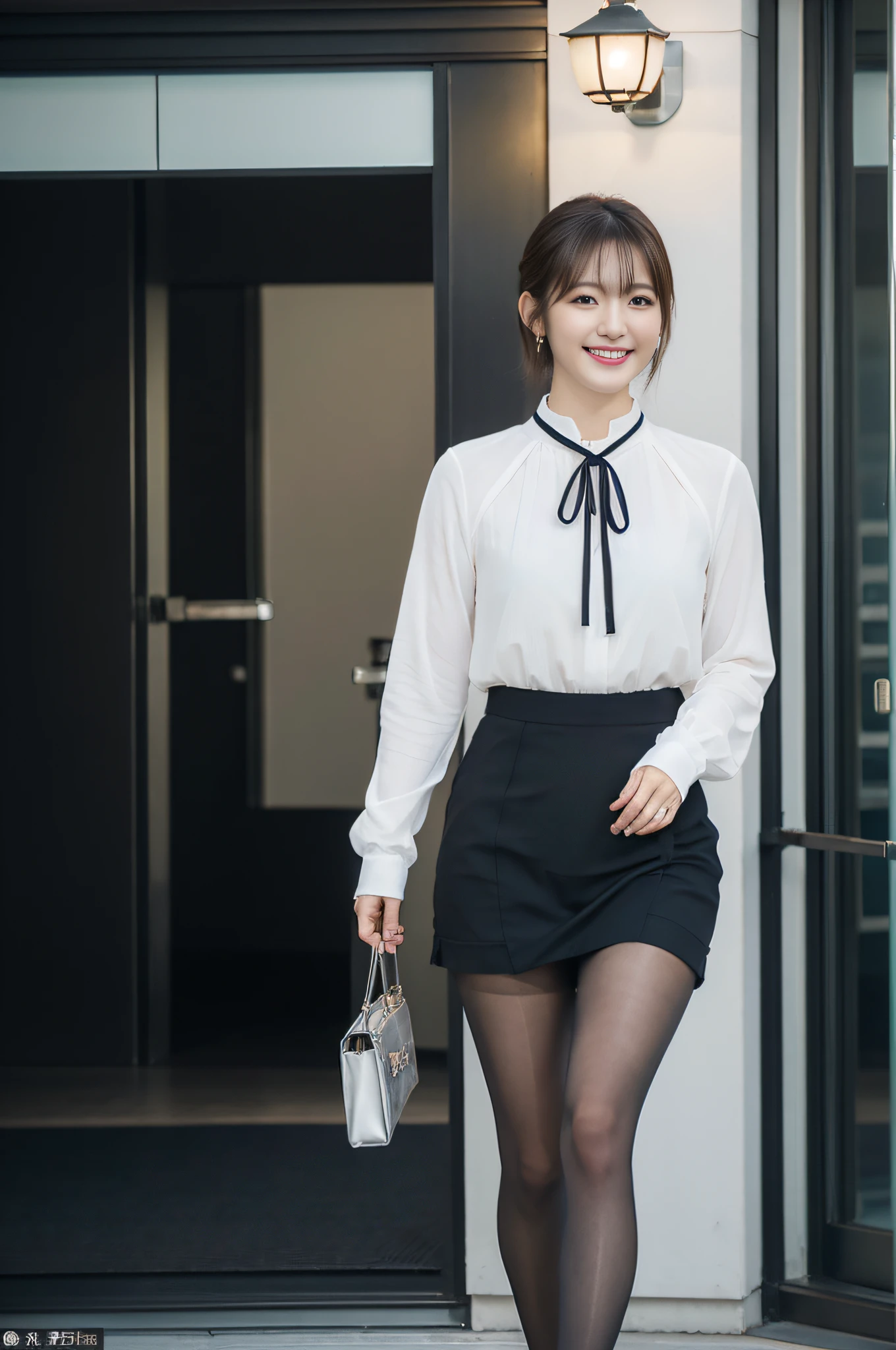 Office lady in short skirt and white shirt walking down the street, (Wearing pantyhose), 165 cm tall, Japanese Models, Short Layer Hair、japanaese girl,Gorgeous young Japan woman, A smile、goddess of Japan, Elite women, Classy face、Realistic Pantyhose、Raw photo, (8K、top-quality、masterpiece:1.2)、(intricate detailes:1.4)、(Photorealsitic:1.4)、octane renderings、Complex 3D rendering ultra detail, studio lights, Rim Lights, vibrant detail, super detailing, Realistic Pantyhose、realistic skin textures, Detail Face, Beautiful detail eyes, Very detailed CG Unity 16k wallpaper, make - up, (detailedbackground:1.2), shinny skin、turned around、Exposed thighs!!!