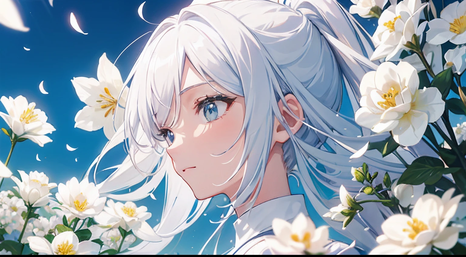 (tmasterpiece,best qualtiy:1.6),White flowers,Garden full of white flowers,The petals are flying,Close-up of flowers,long-focus,(The picture is full of flowers)