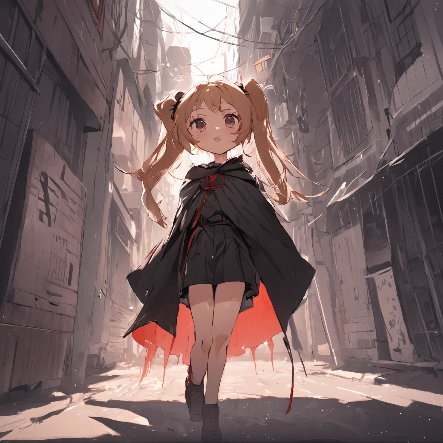tan hair、Double ponytailed girl in black cape,Standing on a bloody street,Shady style,城市,terroral,cold shades,Perspective painting,Big perspective,Dark and terrifying,Black and white anime art style,A high resolution,high qulity,wide wide shot,Look up at the perspective