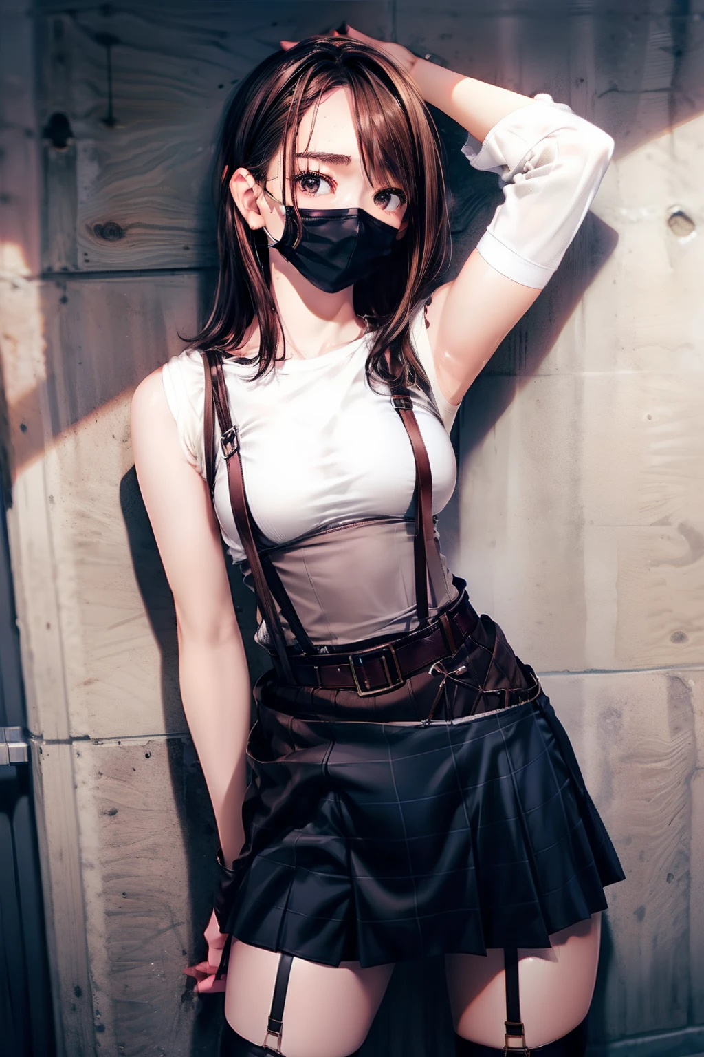 skirt by the, Tank Top Suspenders, Brown hair short, Gray eyes, Garter belt on the legs, Big and tight clothes, a belt Armpit sweat Expressionless Mask