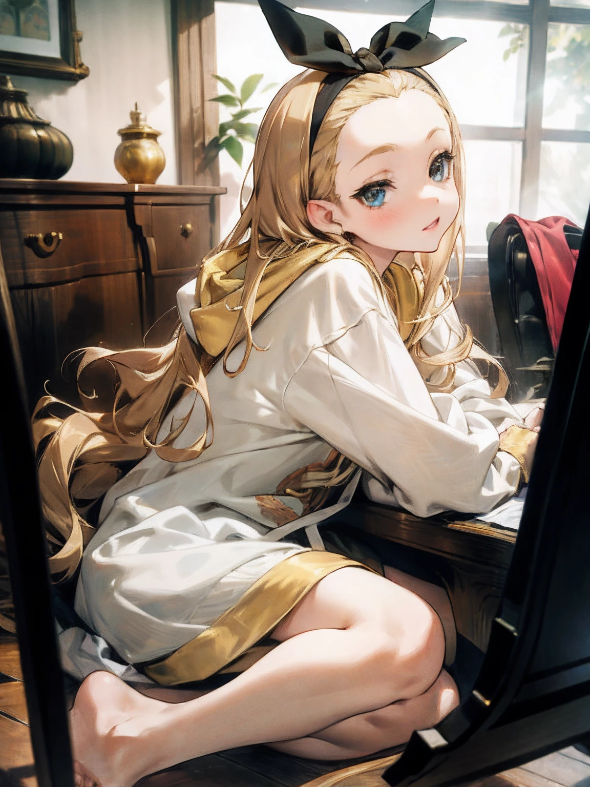 (masterpiece, sidelighting, finely detailed beautiful eyes: 1.2), masterpiece*portrait, realistic, 3d face, lustrous skin,looking to the side,from side, 1girl,solo, arms,blonde hair, long hair, hood, blue eyes, barefoot, hoodie, hairband, ribbon, white hoodie,looking at viewer, monitor, blush,lying,