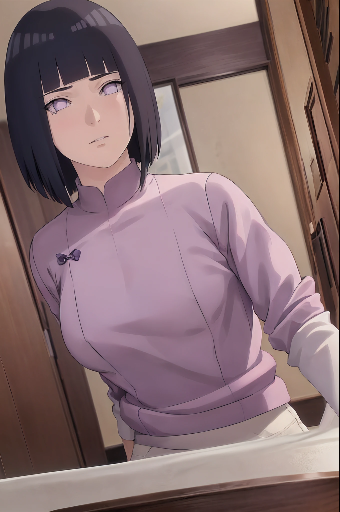 Meisterwerk,4k,High Quality,stunningly realistic,Anime Style,女の子1人,Wohnzimmer im Hintergrund,Realistische Schatten,Realistische Umrandung,Hinata Hyuga,Schwarze Haare,Bobcut,helle lila augen,mid large breasts,Perfect Body,stehend im Wohnzimmer,Arms hang straight down,Purple long-sleeved tight long-sleeved shirt,White skinny jeans with tears,