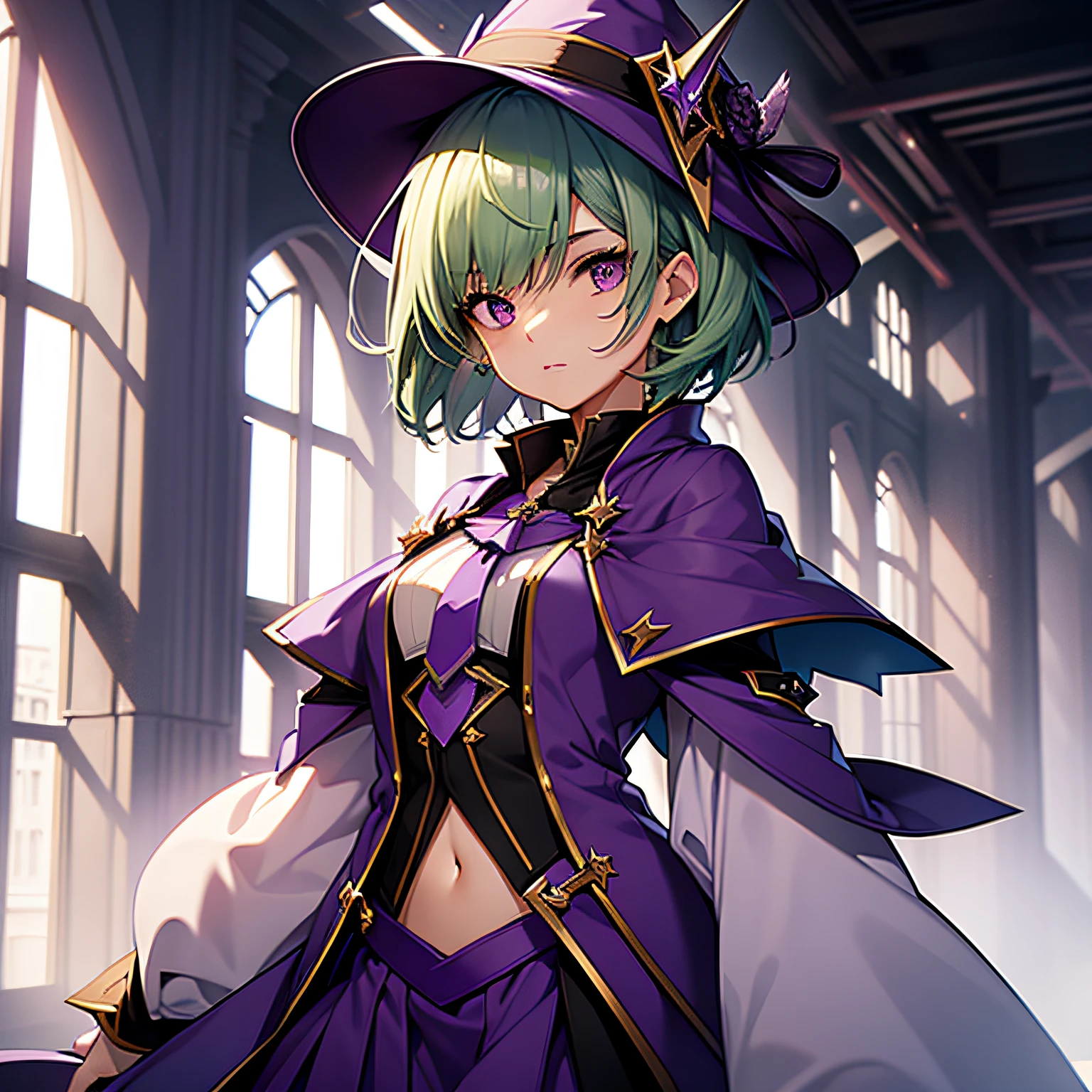 top-quality、extremely delicate and beautiful、(A  girl)、Purple Eye、Green hair、short-haired、(Purple pointy hat)、Purple tie、Soio、shortsleeves、Purple skirt、Purple Wizard Robe、Navel、is standing