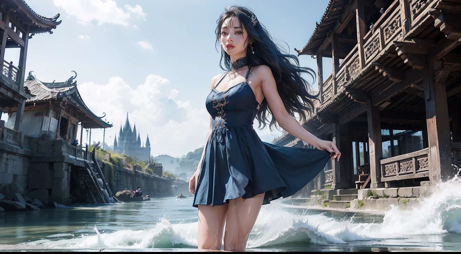 (realisitic,Photorealsitic:1.4),(1 Beauty:1.3),(beautiful countenance:1.5),Detailed shiny skin,A detailed eye,Precise hands and fingers,8K HDR, , ​masterpiece, (Dynamic angle footage),电影灯光, Finely drawn backgrounds,(Southland,the beach,Fashionable swimwear,jetty,splash water,Drenched girl),Beautiful princess,Dress like a grown-up,blue hairs,long curly hair,Prambanan in Indonesia,Alleys with few people,Holding your knees,Composition looking up from below,By the sea