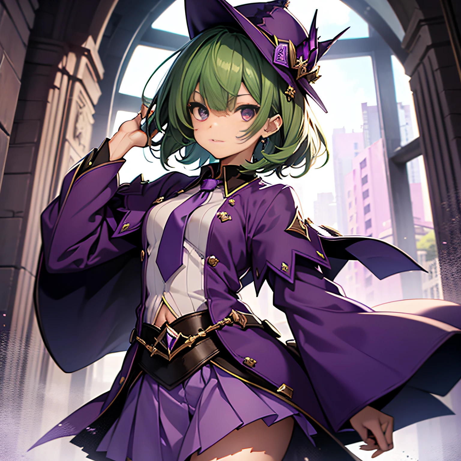 top-quality、extremely delicate and beautiful、(A teenage girl)、Purple Eye、Green hair、short-haired、(Purple pointy hat)、Purple tie、Soio、shortsleeves、Purple skirt、Purple Wizard Robe、Navel、is standing