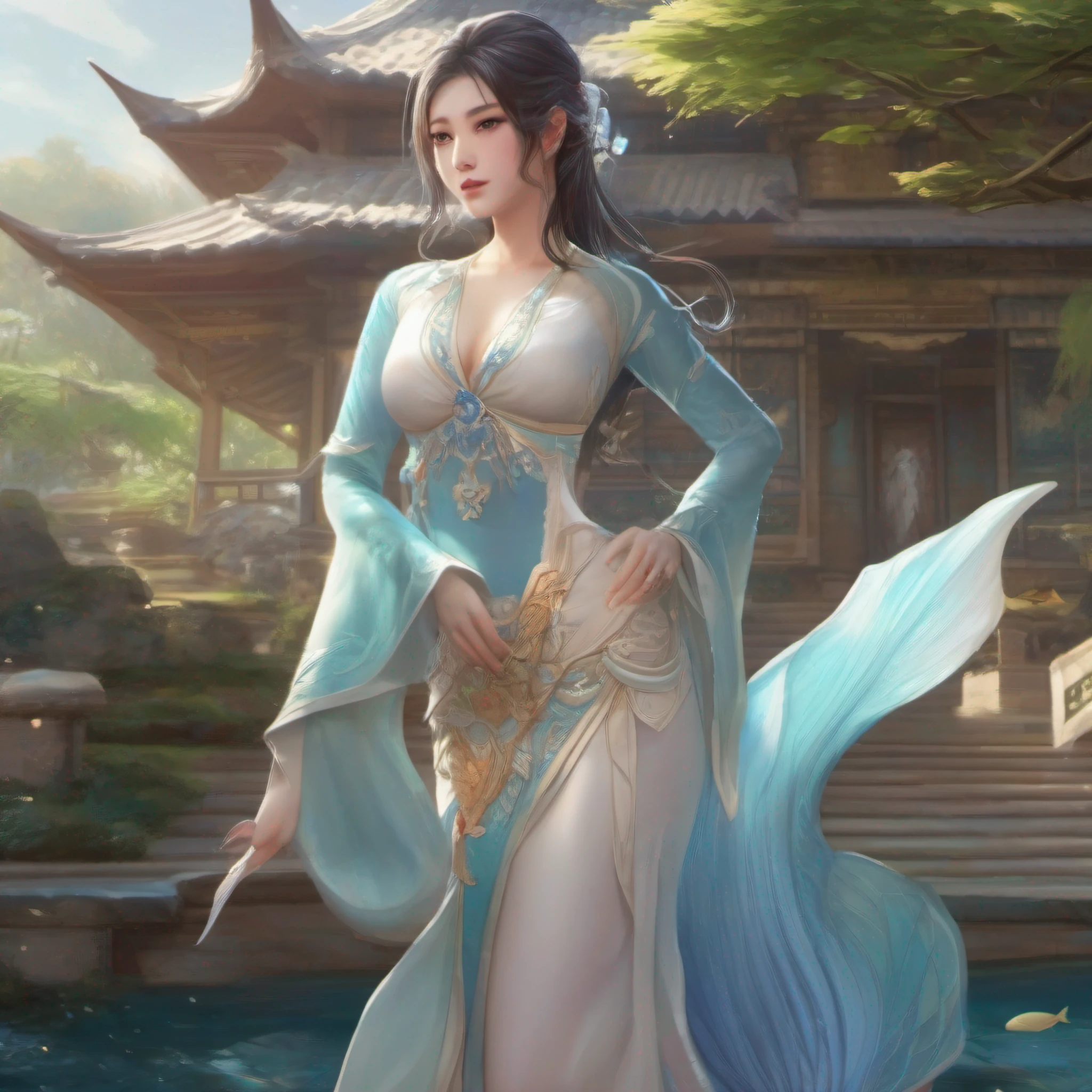 east asian architecture,Medium clothes,merfolk,Sky blue mermaid tail,On the grounds of the park,Rump dolphin dorsal fin,Medium chest,cleavage,Quaint,White long sleeves,Ancient wear,fish scales,short skirt,wearing a formal dress,Light blue robe,Tummy down,Hold your hands over your chest,Look to the chest
