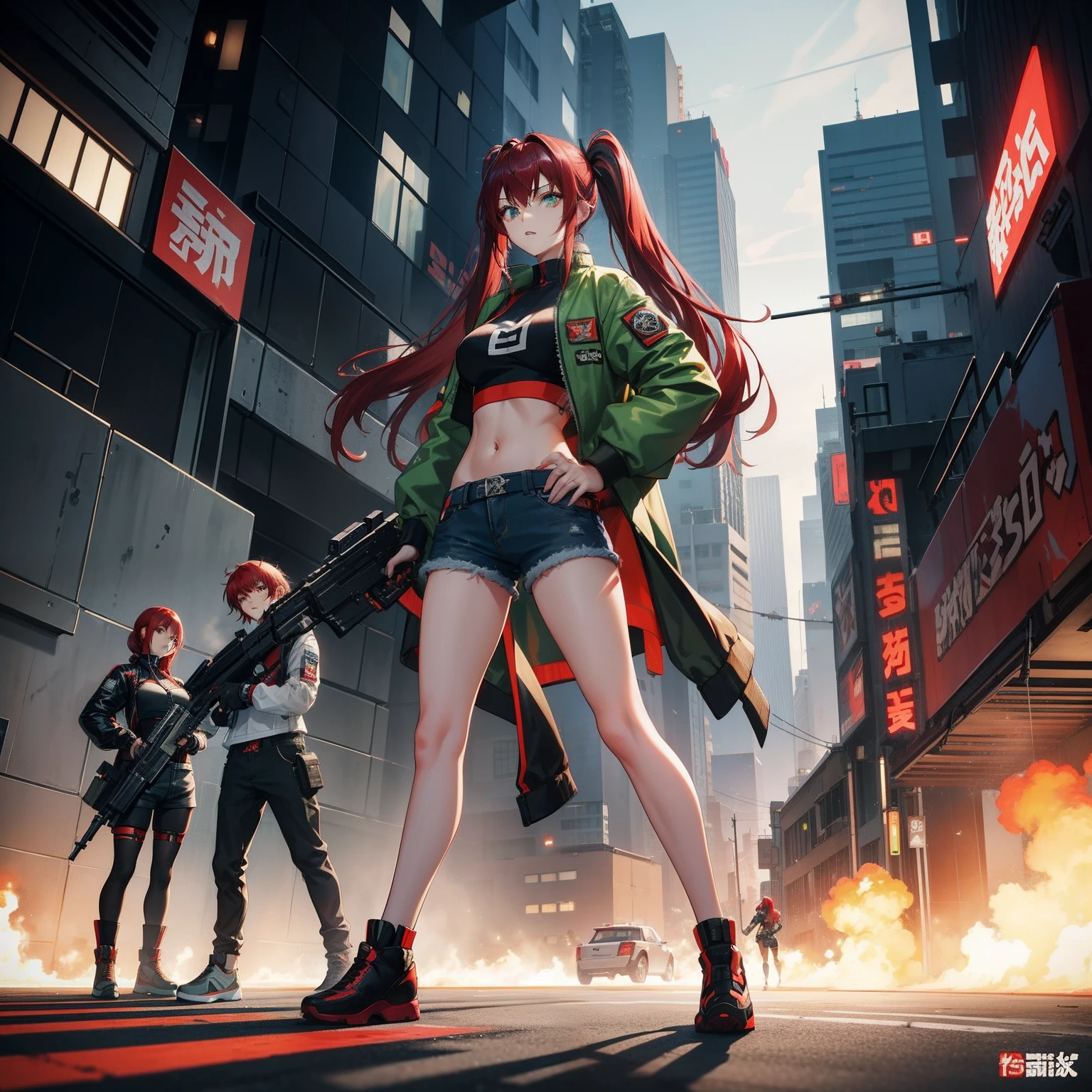 Full body shot, female asian Irina Shidou red hair twintails green eyes, in a cyberpunk city, wearing a bomber jacket and crop top and denim shorts, standing next to a Nissan GT-R, holding a big machine gun, holding a long laser rifle, shooting laser rifle, rapid fire, explosions, frontal shot, behind shot, masterpiece, highly detailed