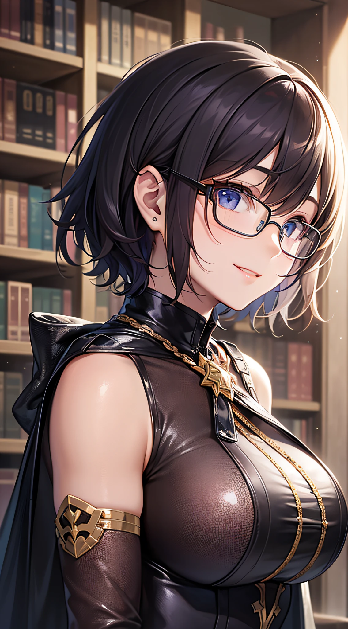 (Best Quality)), (Best Masterpiece)), (Details: 1.4),32k,Best Anime,Sharpness,Best Wallpaper,Light Manipulation:0.9,Fantastic,(Sage),Smiling,Library of Fantasy Worlds, (Indestructible Perfect Anatomy),(Beautiful eyes with detailed detail,Glossy black),(Beautiful chic robes with detailed detail:1.1),(Glossy short hair:1.4),Cap, Twinkling light: 0.7, glasses without rim: 1.2, holding ancient documents