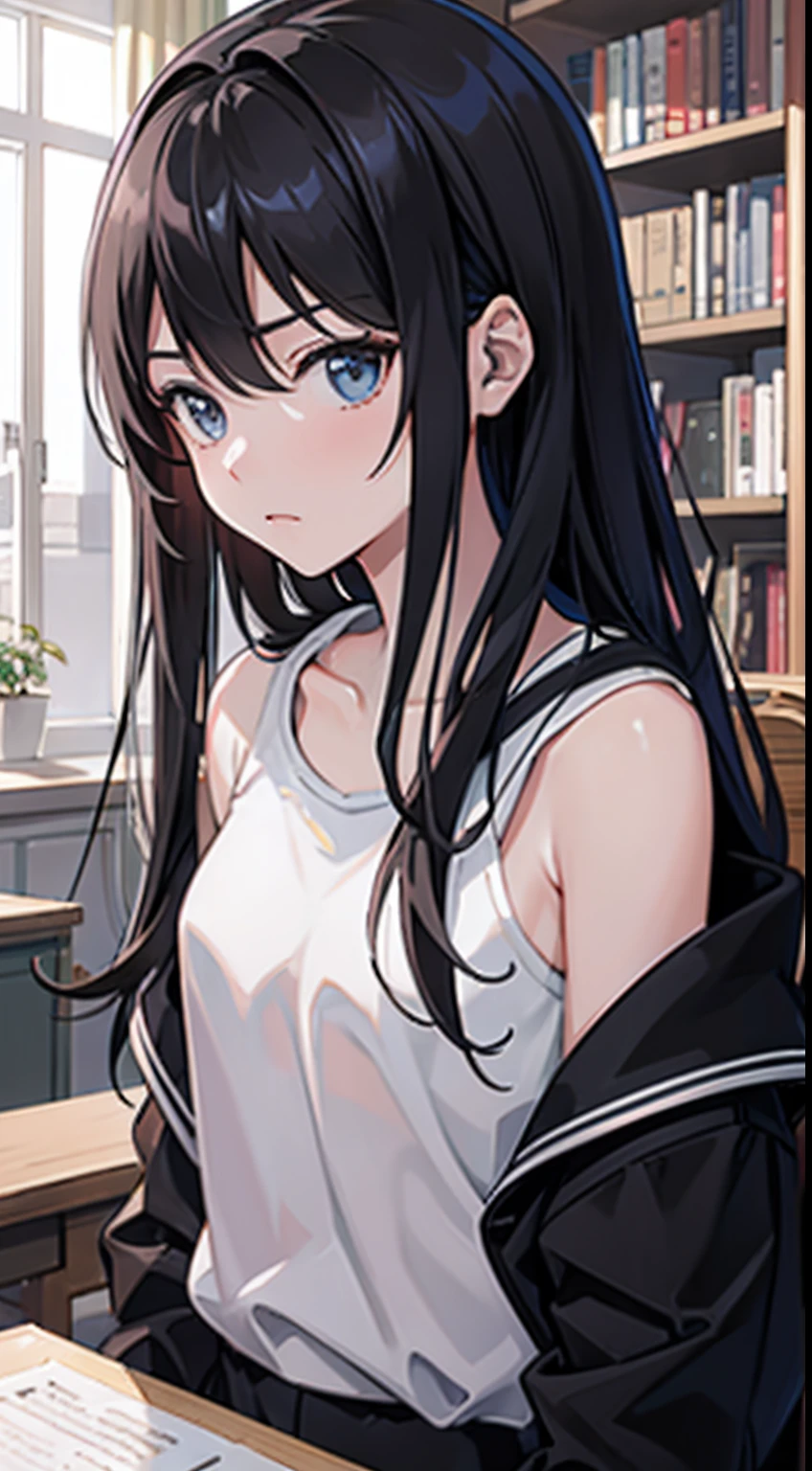 （tmasterpiece），（best qualtiy），（highly  detailed），（illustratio），（超高分辨率）one-girl，Off-the-shoulder attire，astonishment，tutor，Black color hair，straight long hair，white  hoodie，Mature woman，20-year-old woman，Small breasts，scowling，Top-down view，Close-up shot，Write homework，inside in room，bookshelves，desks