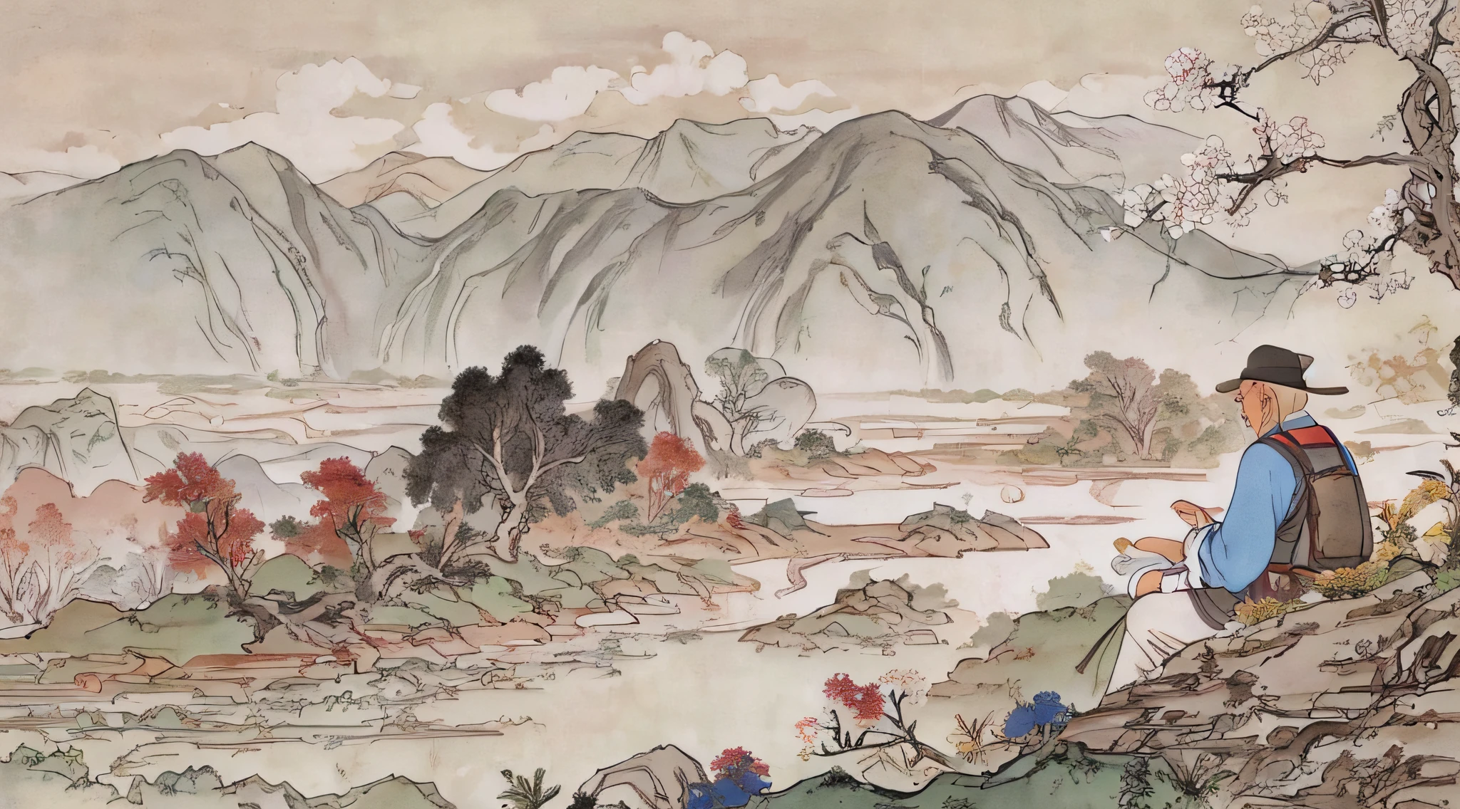 chinese painting, mountain, rock, flower, grass, river, tree, mountain in the distance, (sitting old man), (walking farmer), vanishing point, 35mm, UHD, masterpiece, ccurate, high detail, award-winning, best quality, 4K