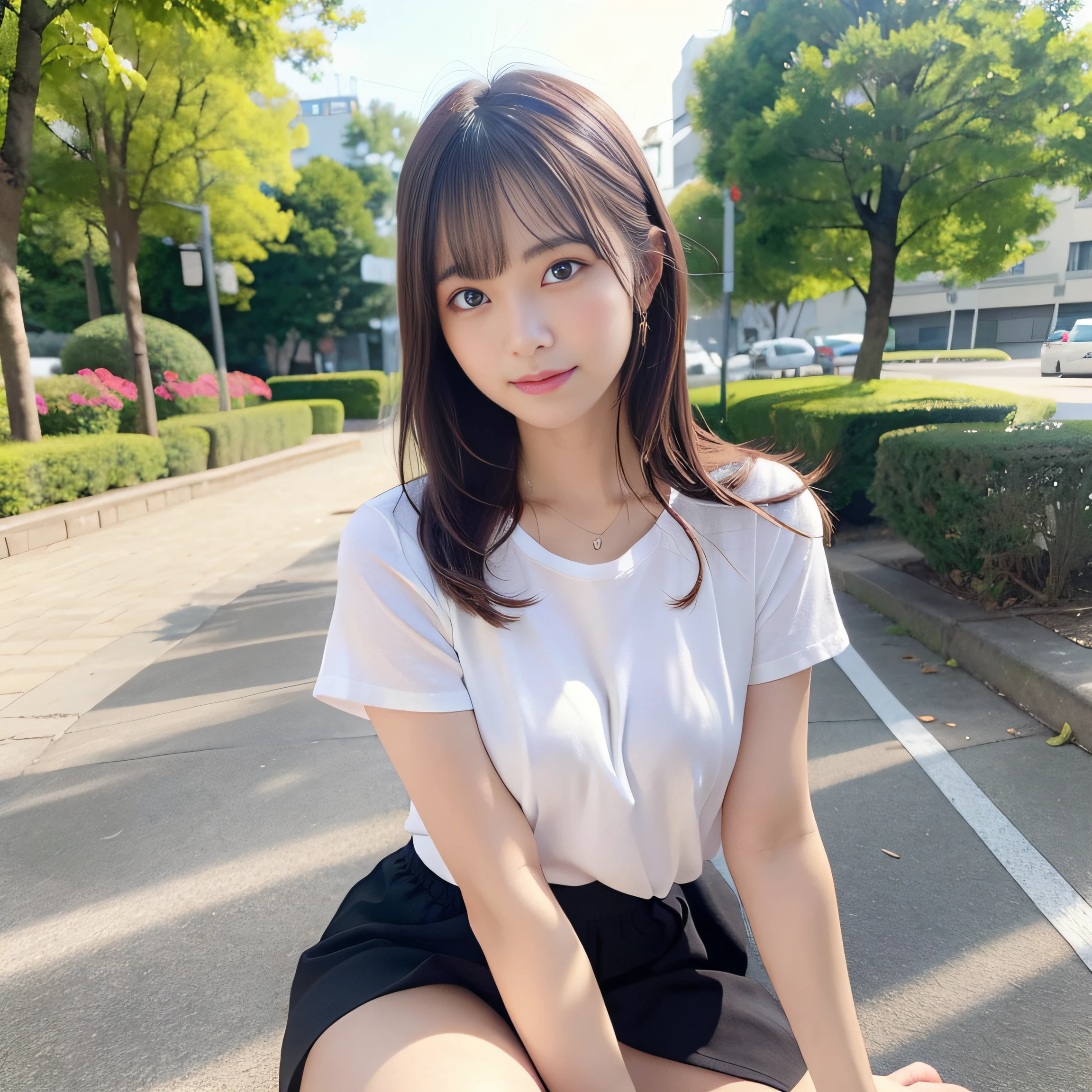 in 8K,Best Quality:1.4, 超A high resolution:1.5, (Photorealistic:1.4),masterpiece:1.2,(top-quality:1.4)、 Raw photo、 (From the knee up:1.6), (the background is blurred), a park,FULL BODYSHOT:1.4、 1日本人の女の子, Cute, (Solo), (Shy smile), Smooth skin、TThe shirt、Cute checked mini skirt、 (Brown medium hair,Bangs), (touch hair:1.4)、nogizaka、35 year old:1.2、Beautiful black eyes、natural skin textures:1.3, realistic eyes and face details:1.7、middlebreasts、Gravure Pose:1.1、Toned buttocks、gazing at viewer、The camera is3Move m backward:1.3、FULL BODYSHOT、Do not show your fingers