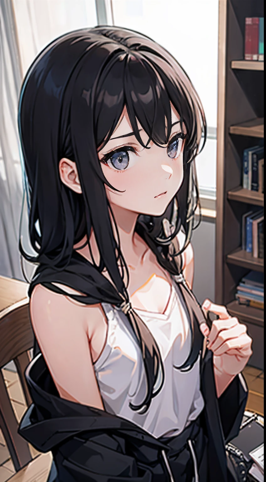 （tmasterpiece），（best qualtiy），（highly  detailed），（illustratio），（超高分辨率）one-girl，Off-the-shoulder attire，astonishment，tutor，Black color hair，straight long hair，white  hoodie，Mature woman，20-year-old woman，Small breasts，scowling，Top-down view，Close-up shot，Write homework，inside in room，bookshelves，desks