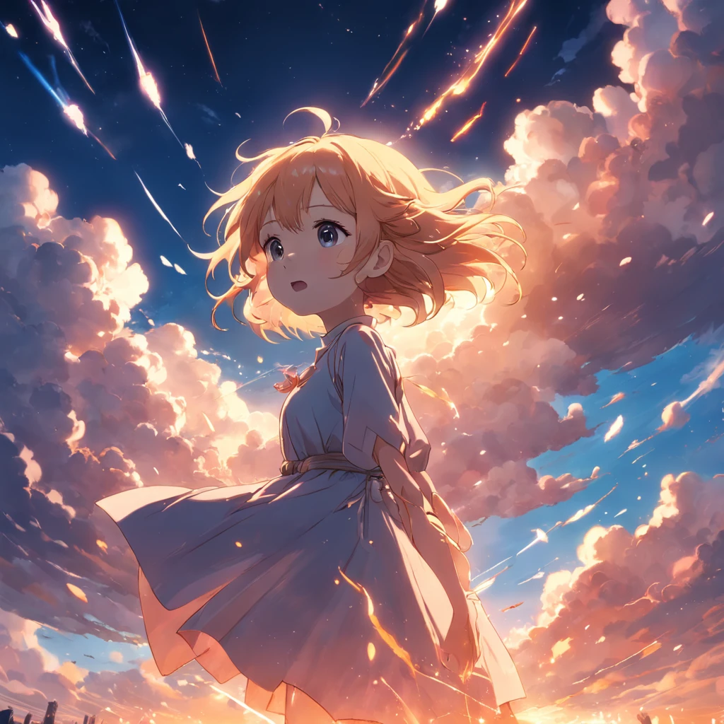 masterpiece, best quality, movie still, 1girl, cloud girl, floating in the sky, close-up, bright, happy, warm soft lighting, sunset, (sparks:0.7)