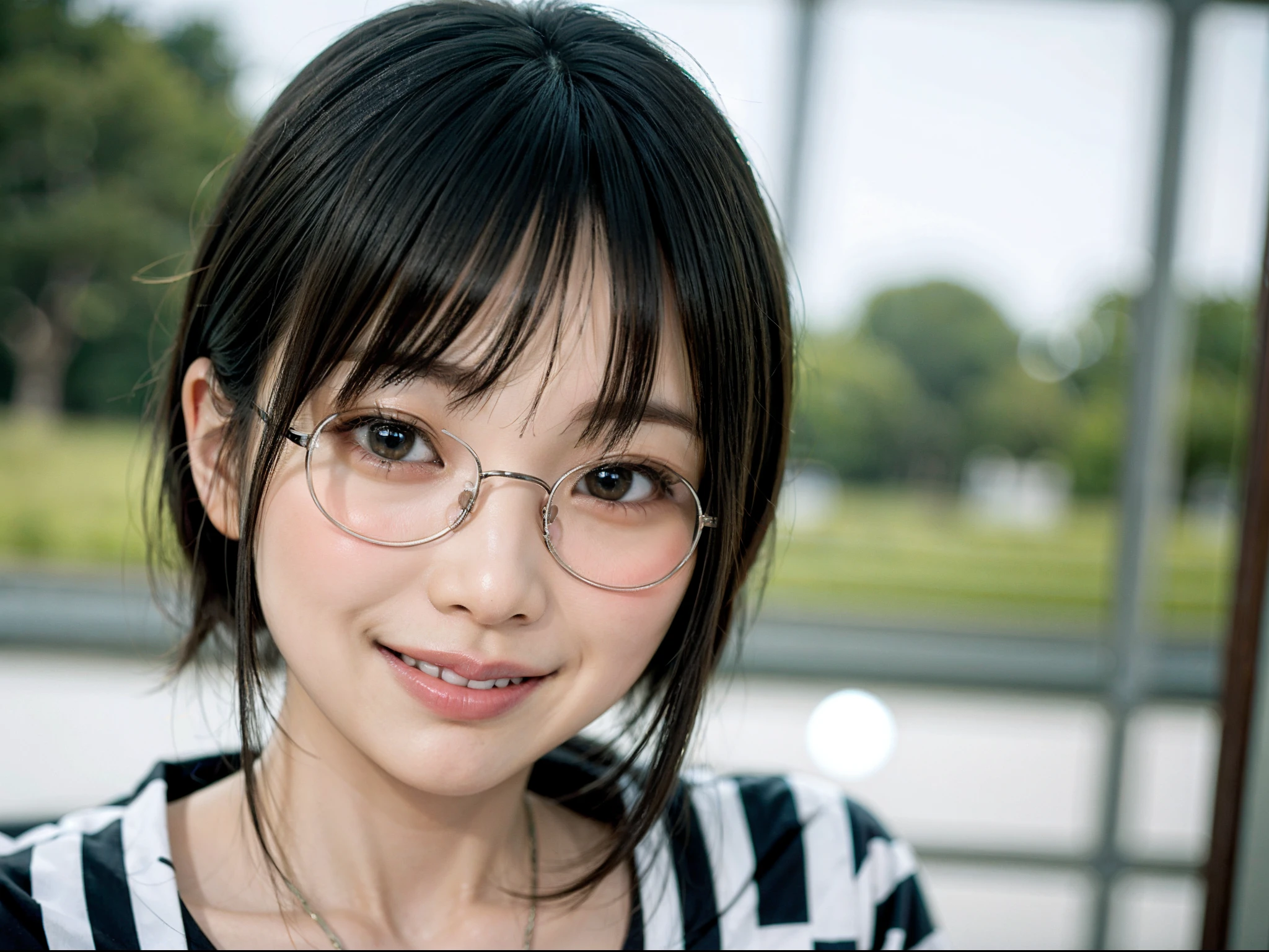 Japan girl in casual clothes, looking at the viewer, posing with a smile (highest quality, masterpiece))), high resolution, very detailed, masterpiece, cinematic lighting, (8K, highest quality, masterpiece: 1.2), (realistic, photorealistic: 1.37) Hi-Res, Super Detail, 1 Girl , Woman with Glasses, Thin Frame Round Glasses, Thin Green Glasses Frame, Asian, Cute, cute face, solo, short hair 1.2, textured skin, beautiful smile, beautiful detailed sky, movie lighting, depth of field, lens flare Light, sitting, dating, (blushing), (smile: 1.15), small breasts (mouth closed), eyes with beautiful details, (short hair: 1.2), floating hair Novafrog style, full body in the picture,