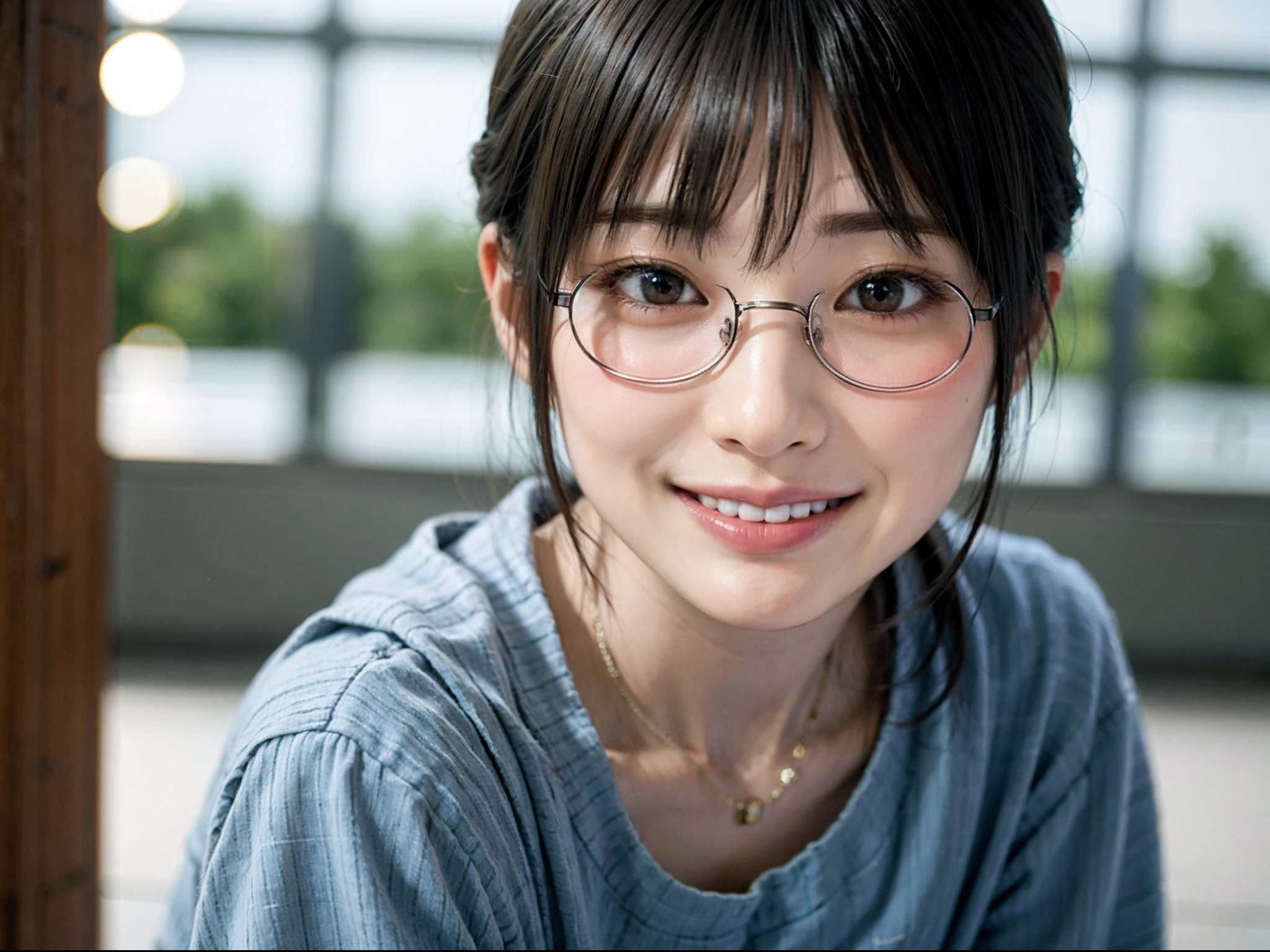 Japan girl in casual clothes, looking at the viewer, posing with a smile (highest quality, masterpiece))), high resolution, very detailed, masterpiece, cinematic lighting, (8K, highest quality, masterpiece: 1.2), (realistic, photorealistic: 1.37) Hi-Res, Super Detail, 1 Girl , Woman with Glasses, Thin Frame Round Glasses, Thin Green Glasses Frame, Asian, Cute, cute face, solo, short hair 1.2, textured skin, beautiful smile, beautiful detailed sky, movie lighting, depth of field, lens flare Light, sitting, dating, (blushing), (smile: 1.15), small breasts (mouth closed), eyes with beautiful details, (short hair: 1.2), floating hair Novafrog style, full body in the picture,