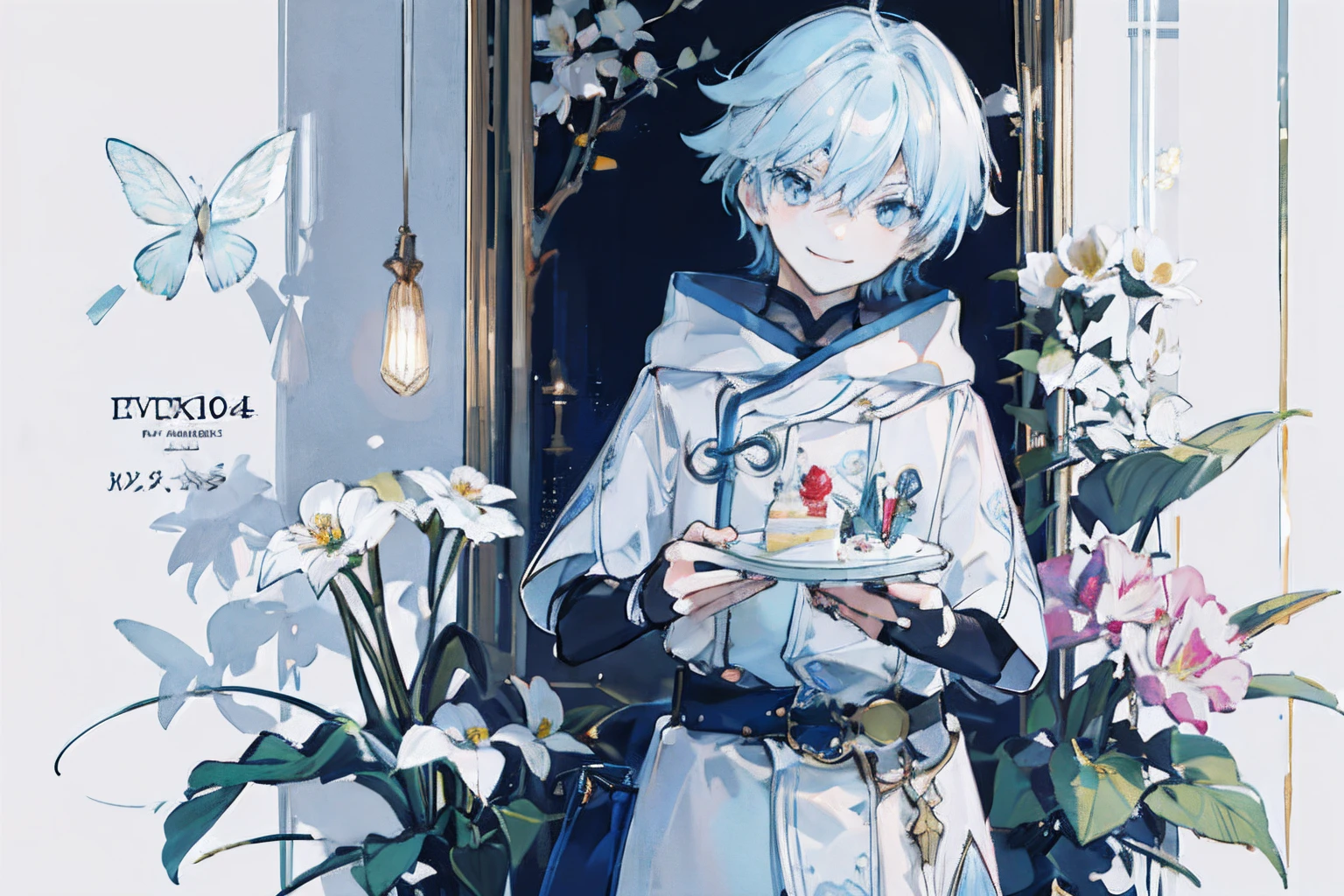 ray tracing,{best quality}, {{masterpiece}}, {highres}, original, extremely detailed 8K wallpaper, {an extremely delicate and beautiful},incredibly_absurdres,colorful,intricate detail,artbook,flower, 1 boy, light blue hair, light blue eyes, white eyelashes, white outfit, holding a cake in his hands, shy smile