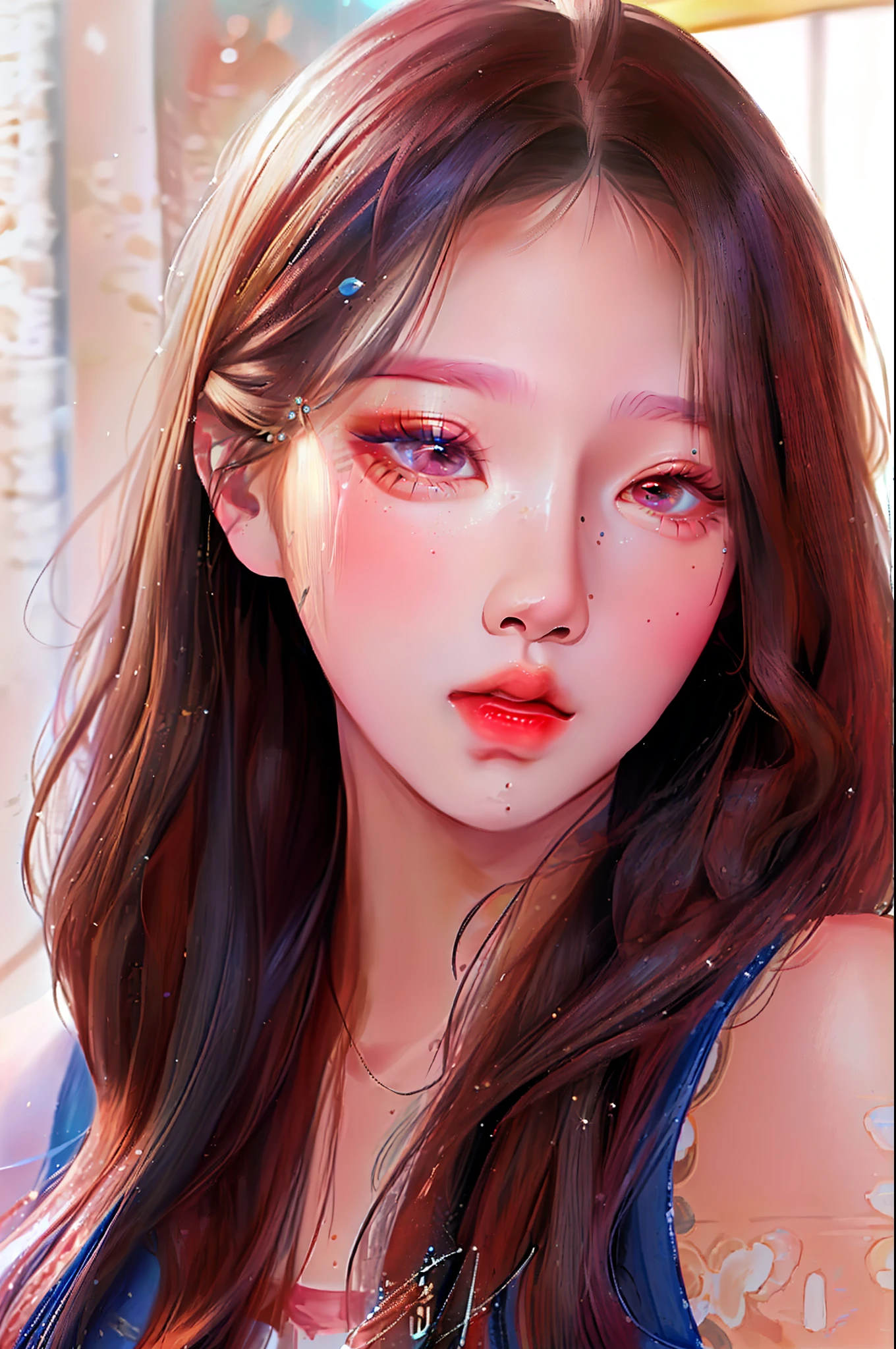 a close up of a woman with long brown hair and a blue top, popular korean makeup, popular south korean makeup, young adorable korean face, korean girl, kawaii realistic portrait, cute round slanted eyes, beautiful south korean woman, korean face features, wan adorable korean face, beautiful young korean woman, gorgeous young korean woman, jaeyeon nam, beautiful aesthetic face