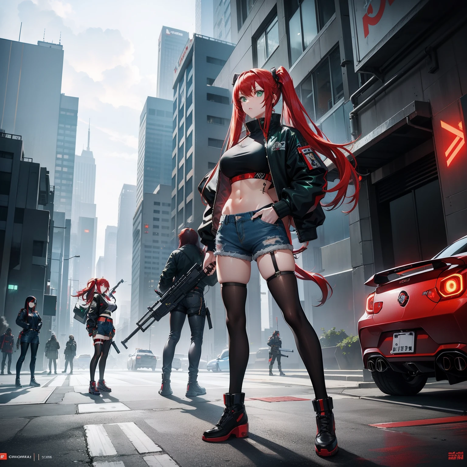 Full body shot, female asian Irina Shidou red hair twintails green eyes, in a cyberpunk city, wearing a bomber jacket and crop top and denim shorts, standing next to a Nissan GT-R, holding a big machine gun, holding a long laser rifle, shooting laser rifle, rapid fire, explosions, frontal shot, behind shot, masterpiece, highly detailed