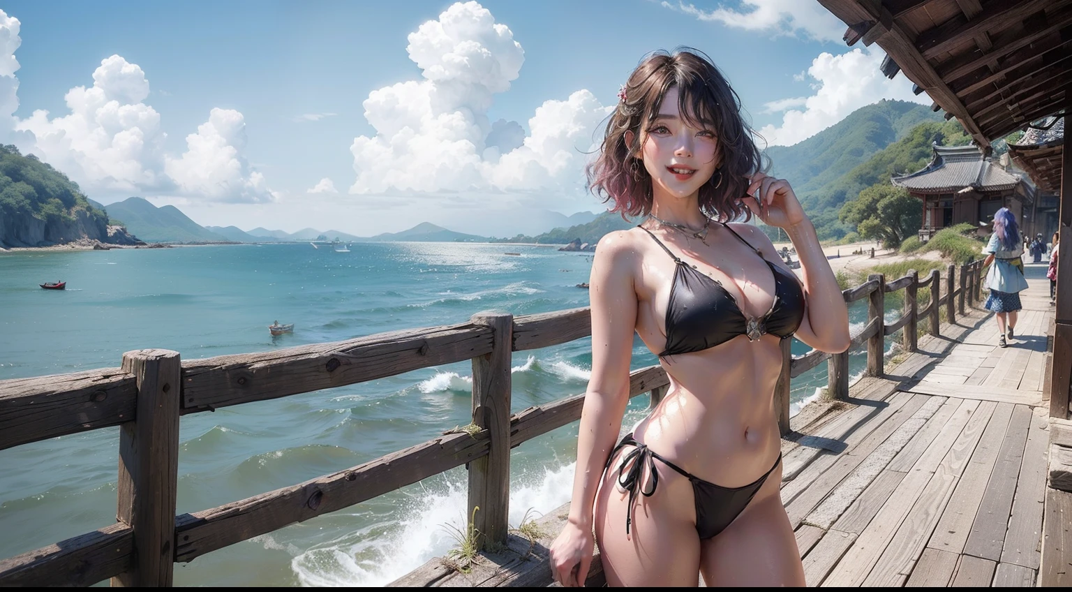 (realisitic,Photorealsitic:1.4),(1 Beauty:1.3),(beautiful countenance:1.5),Detailed shiny skin,A detailed eye,Precise hands and fingers,8K HDR, , masterpiece, (Dynamic angle footage),电影灯光, Finely drawn backgrounds,(Southland,the beach,Fashionable swimwear,jetty,splash water,Drenched girl),Beautiful Japan,Shabby clothes,2Colored hair,Curly hair,Sukhothai, Thailand,studio,Laughing,Fluffy breasts,By the sea