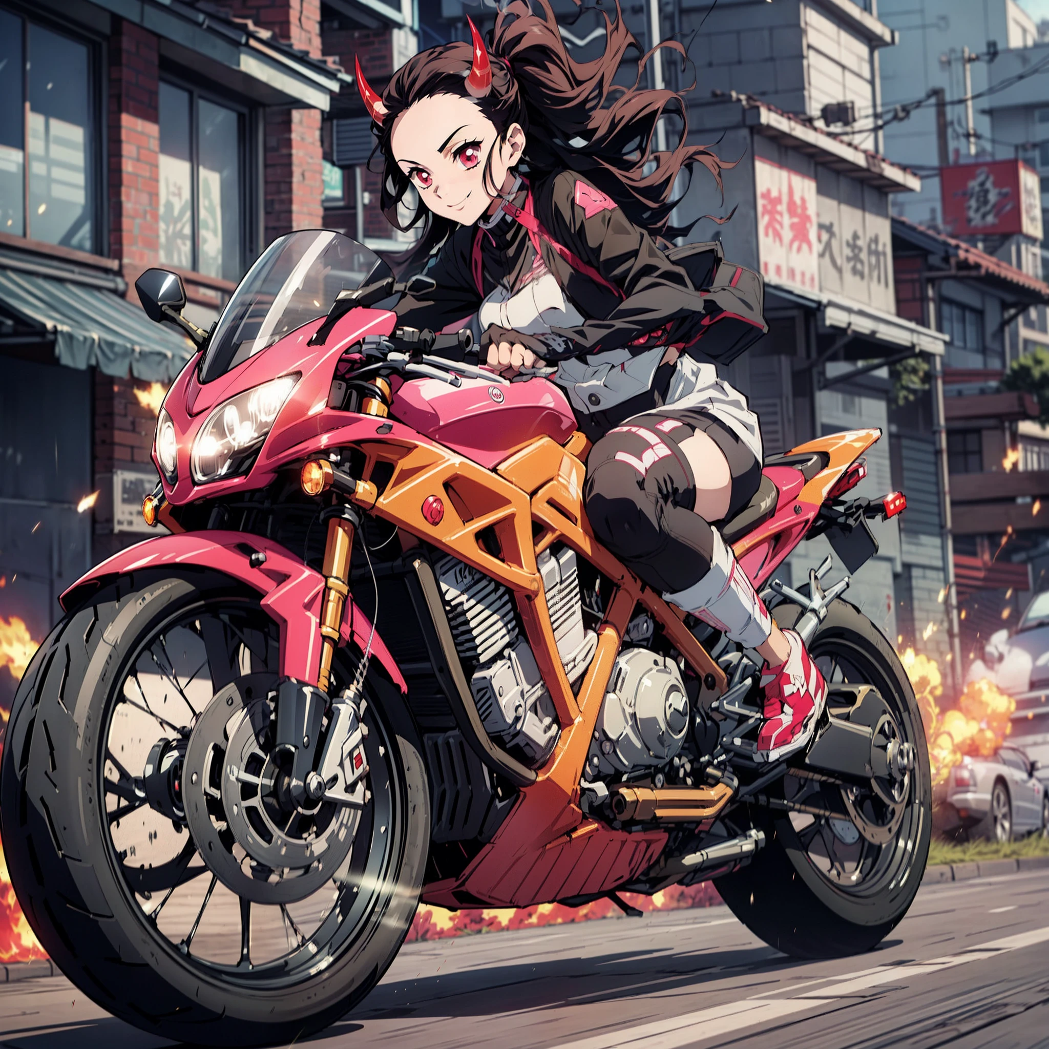 (masterpiece, best quality:1.2), kimetsu no yaiba style, kamado nezuko, (1girl, solo), 20years old, full body, (black and pink rider suit), (red demon horns, red eyes), evil smile, BREAK (driving motorcycle on the city with high speed, yhmotorbike), (slow motion:1.3), (Motion blur:1.3), (speed lines:1.4), sense of speed, sparks and smoke coming out of tires