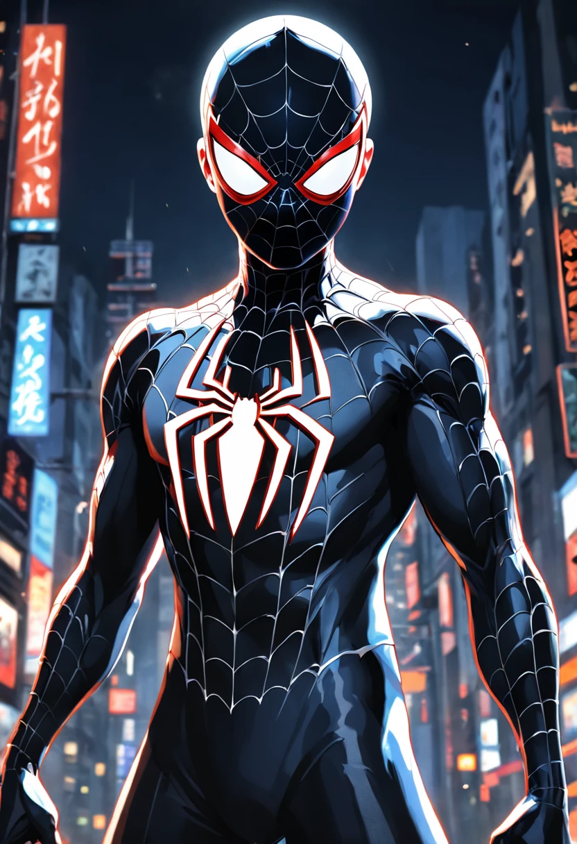 A Spider-Man in a white/black suit, details on black clothing, HDR, UHD, 64K, highly detailed, professional photography by Sergio Nogueira, sketch style, ink scratches, sharp lines, trending on artstation, unrealistic engine, vivid colors , high resolution scanning