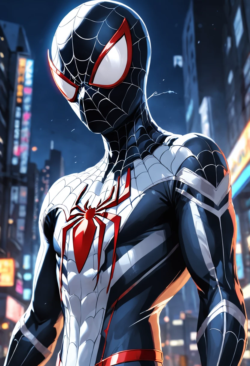 A Spider-Man in a white/black suit, details on black clothing, HDR, UHD, 64K, highly detailed, professional photography by Sergio Nogueira, sketch style, ink scratches, sharp lines, trending on artstation, unrealistic engine, vivid colors , high resolution scanning