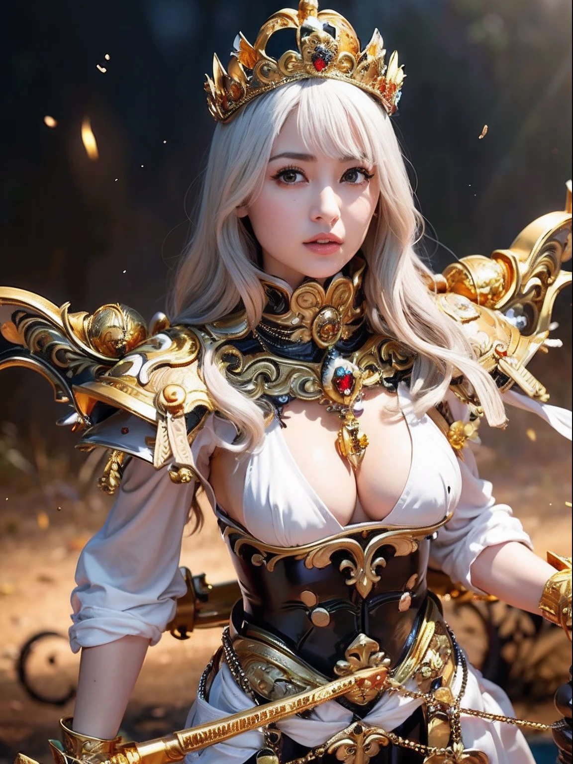 Professional , ​masterpiece、top-quality、photos realistic , depth of fields （Gemstone White Metal Body:1.９),(Matte White、Jewel Gold Weapon（Jewel Metal Body:1.４),Gorgeous metal weapons ,（（ Detailed and gorgeous sword of the brave）） , Beautiful knife   ,warhammer 40k ,Detail and ornate jewel crown、（（Micro Bikini Armor））、（（Gangle's forest background））、Beautiful Caucasian beauty、１a person、dynamic ungle,(((Detailed and ornate diamond crown)))、Smaller head、A smile、Background inside the castle、Thin and beautiful female hands、cleavage of the breast、Soldier in iron armor on background、Mystical expression、Light Effects、intense fighting、Wind-effect、magic circles、With the legendary magic wand、（wings of light）、Toostock、Anatomically correct body、
