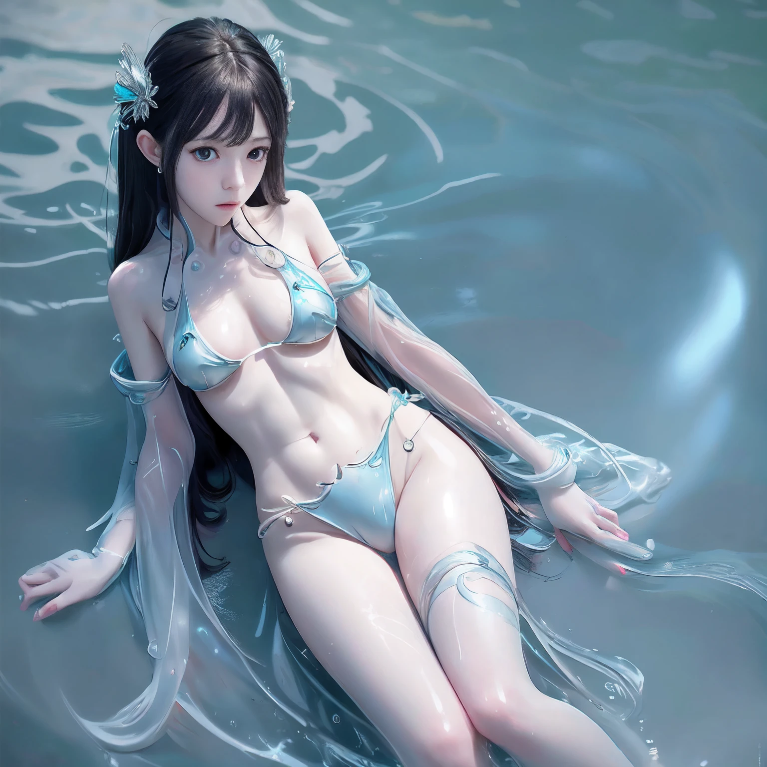 masterpiece, top-quality, ultra-detailliert, illustratio, portraitures, 1girl in, blue eyess, greyt hair,middlebreasts, swim wears, The bikini、Full body slender、long thin legs、A sexy、Cute、Under the sea、foam、Correct limb、