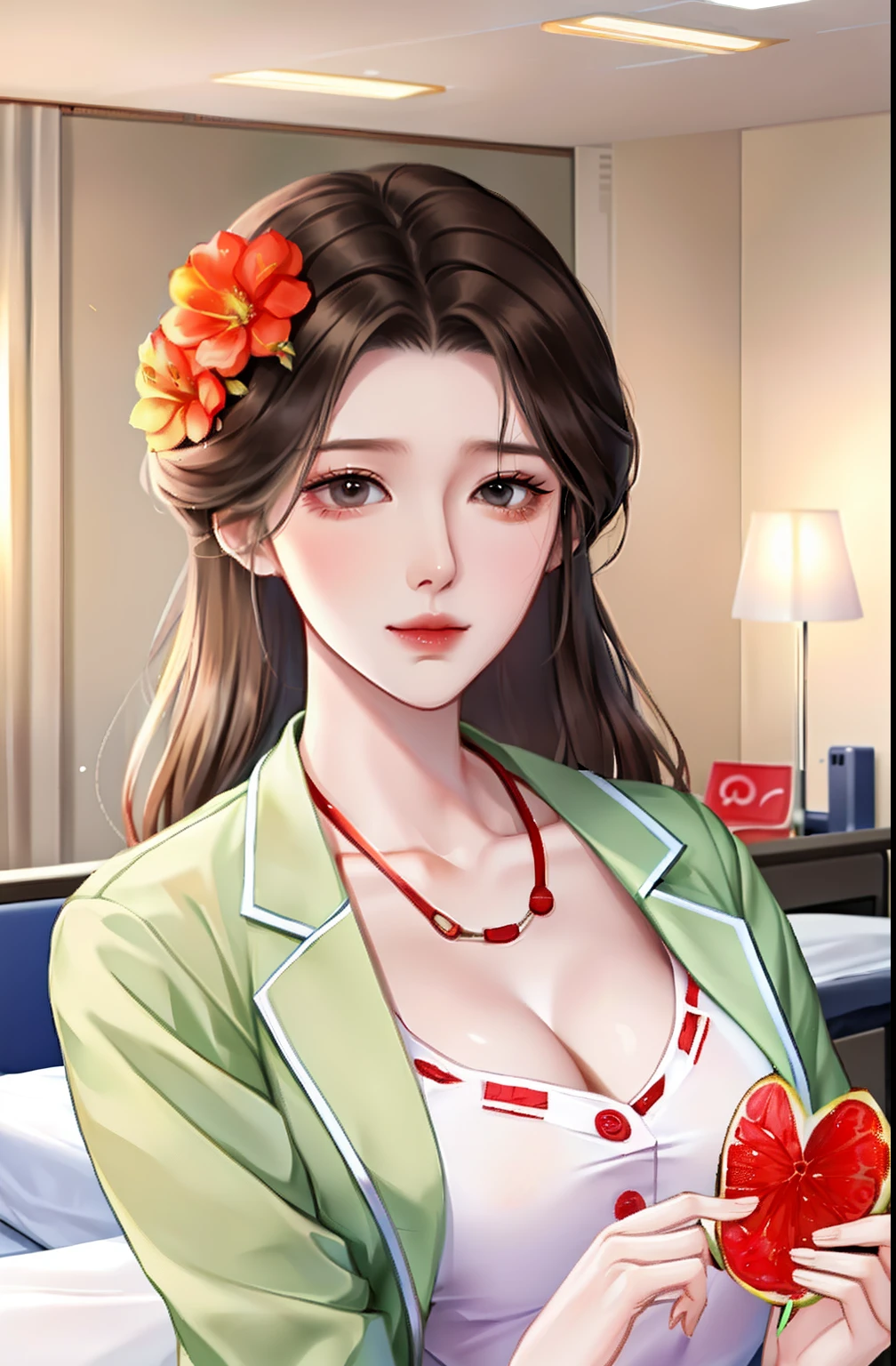 A woman lies on a hospital room, super big chest, Looks weak。On the table next to the hospital bed was a fruit and a flower card, sick