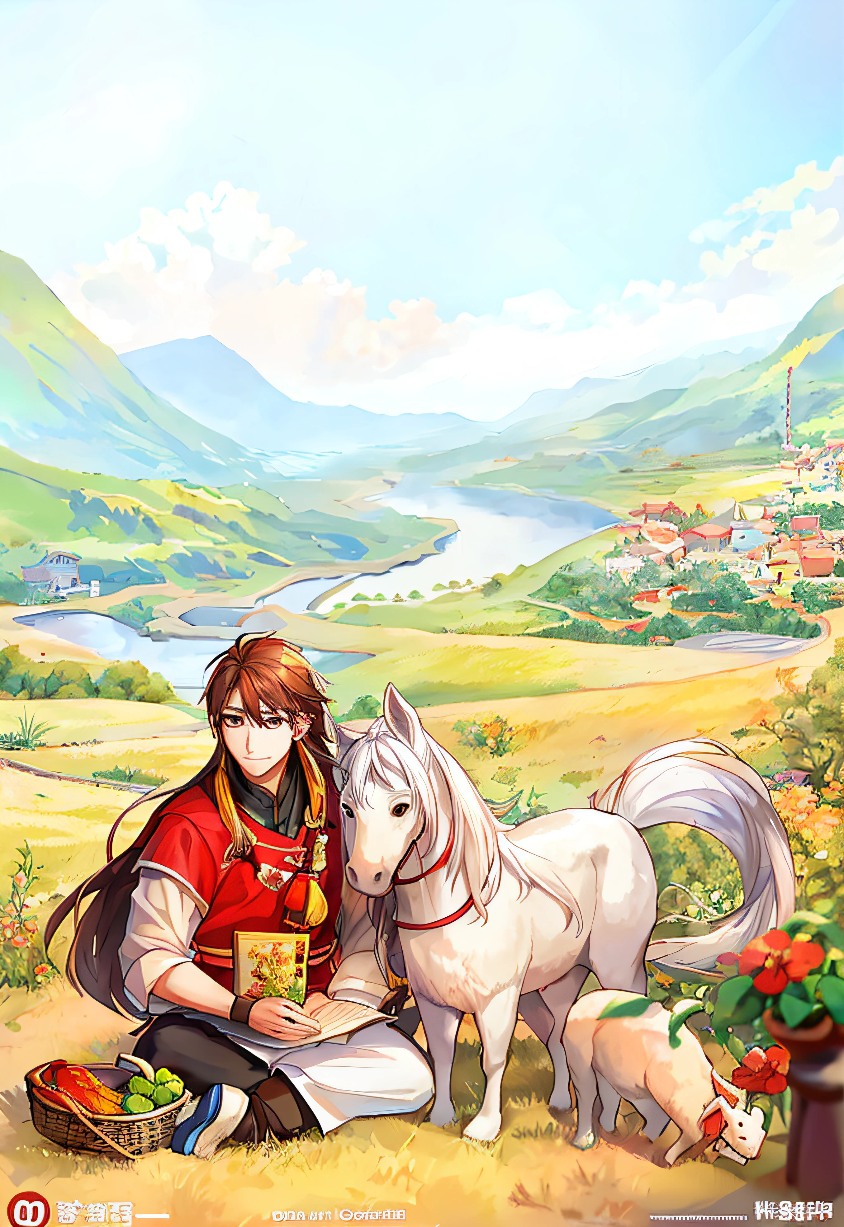 There is a cartoon picture of a horse and a man in a field,Food in hand, dreamland of chinese, Mongolia, beijing, mongol, cover illustration, Inspired by Yang Buzhi, A beautiful artwork illustration, artwork in the style of z.Show on the. gu, author:Sheng Maoye, author:Xia Gui, zhao yun, film Silk Road landscape
