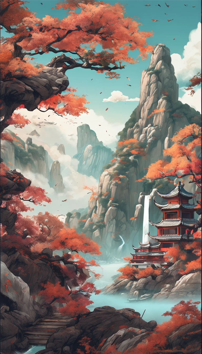 An idyllic Chinese mural, Light look color and white style, Layered landscape, japanese style art, monumental murals, Ricoh FF-9D, Golden Age aesthetics, Exotic landscape