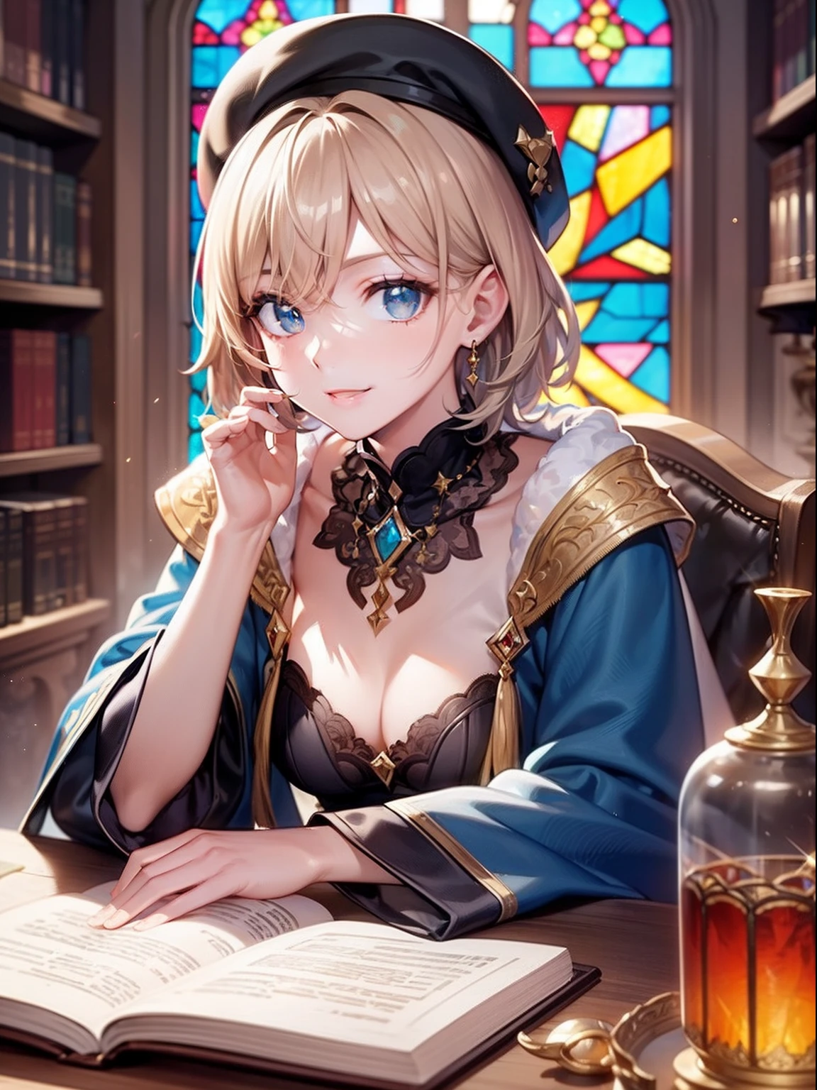 ((best-quality)), ((masterpiece)), (detaild:1.4),32k images,Best Anime,Sharpness,The best wallpapers,Manipulation of light:0.9,Fantastical,(wise man),smile,Fantasy World Library 1.1, (Perfect anatomy without destruction),(Beautiful eyes with detailed and detailed details,Lustrous eyes),(Beautiful robes with detailed details:1.1),(Glossy short hair:1.4),beret,Sparkling light:0.7,Having ancient documents,stained glass,0.8,lamp:0.7 Sitting on a chair:1.3
