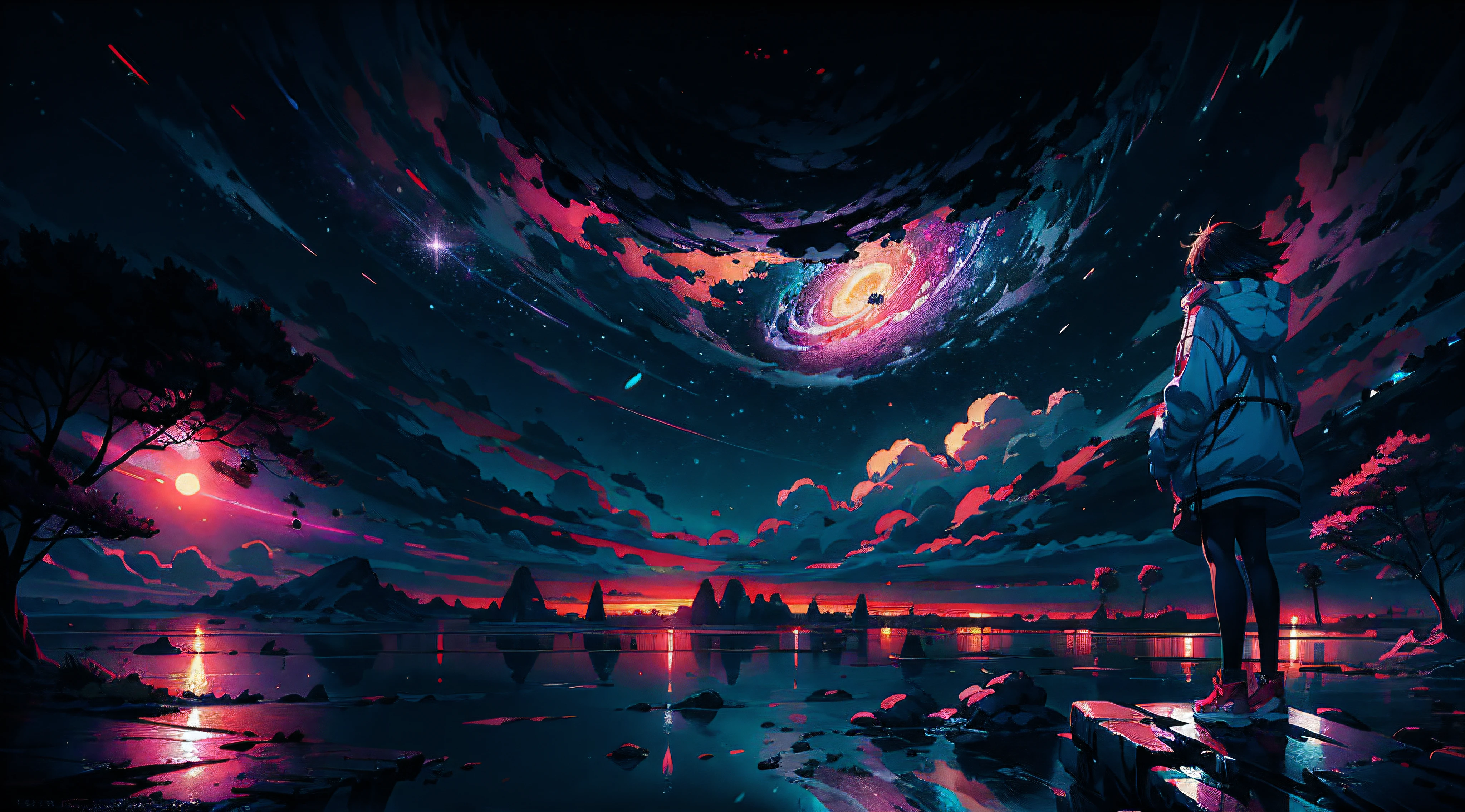 anime girl standing on a rock looking at a star filled sky, makoto shinkai cyril rolando, intricate details of the girl, anime art wallpaper 4k, anime art wallpaper 4 k, anime art wallpaper 8 k, cosmic skies. by makoto shinkai, inspired by Cyril Rolando, in the style dan mumford artwork, amazing wallpaper, by Yuumei
