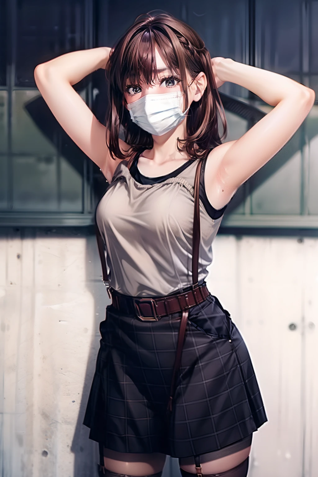 skirt by the, Tank Top Suspenders, Brown hair short, Gray eyes, Garter belt on the legs, Big and tight clothes, a belt Armpit sweat Expressionless Mask