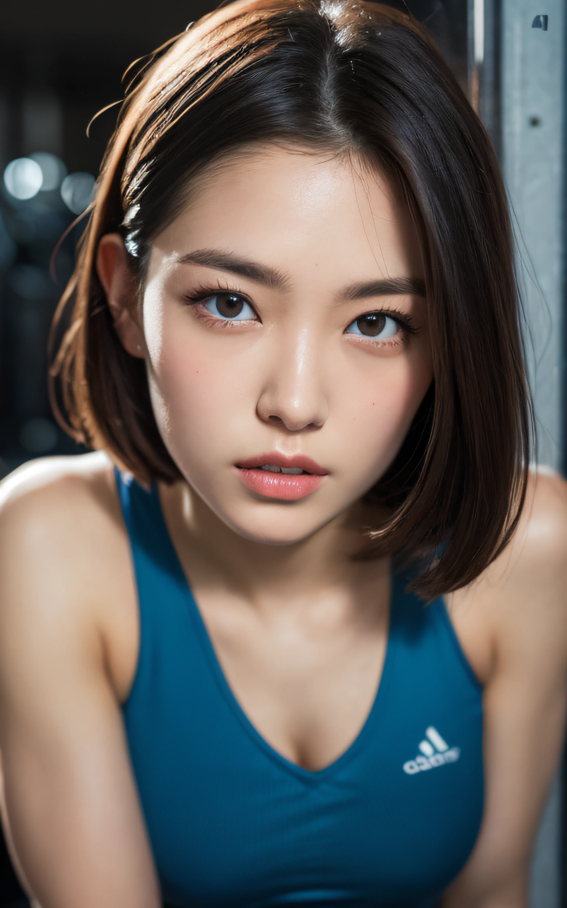 Highly detailed CG Unity 8k wallpaper, top quality, super detailed, masterpiece, realistic, photo realistic, very detailed cute girl, 25 years old, Muscle, abs, round eyes, viewer, blush, parted lips, half body shot ,
sportswear , gym, お尻を突き出す