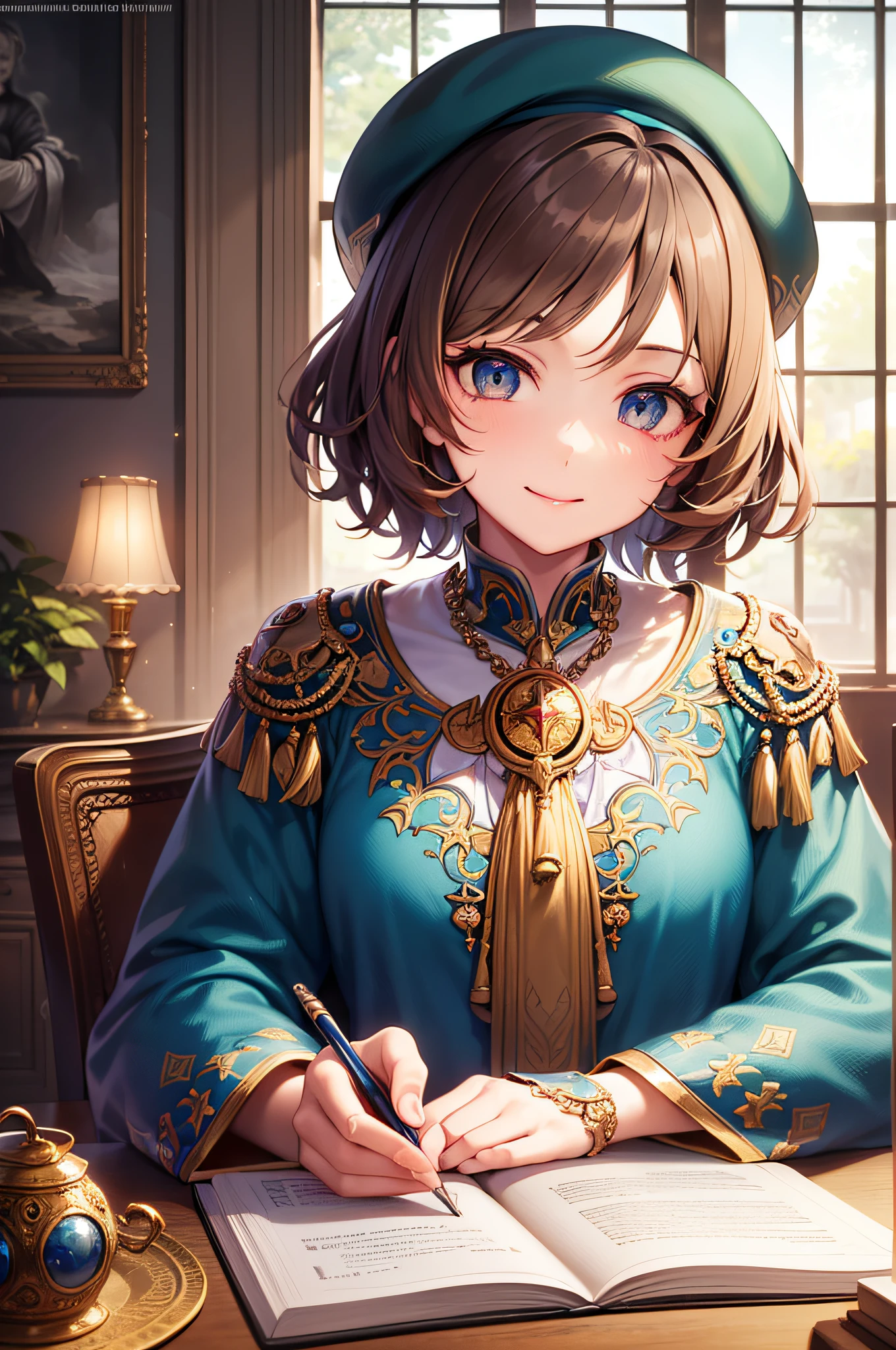((best-quality)), ((masterpiece)), (super-detailed:1.4),(32k images),(Ultra-high detail),Best Anime,Sharpness,The best wallpapers,Manipulation of light:0.9,Fantastical,(wise man),smile,Fantasy World Library 1.1, (Perfect anatomy without destruction),(Beautiful eyes with detailed and detailed details,Lustrous eyes),(Beautiful robes with detailed details:1.1),(Glossy short hair:1.4),beret,Sparkling light:0.7,Having ancient documents,stained glass,0.8,lamp:0.7 Sitting on a chair:1.3,monocle:1