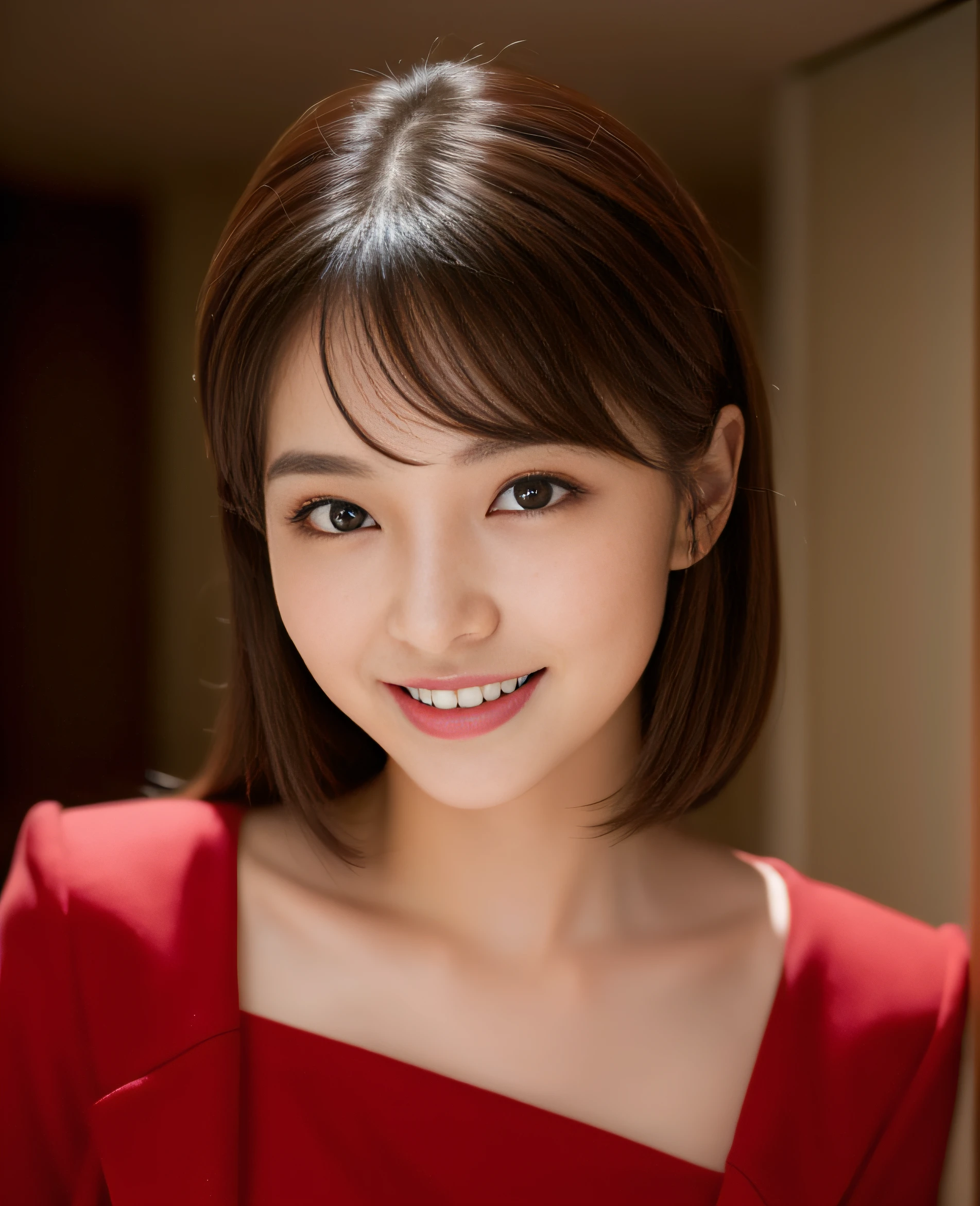 ((best quality, 8K, masterpiece: 1.3)), beautiful girl, pure, melon face, kind and cute, sweet smile, pure desire, slender body, (front), (tilted head), ((looking at camera) ), wearing a crimson suit, black silky medium hair, long flowing shoulders, round black big eyes, clear big eyes, moist red lips, sweet, turning around, standing in the hotel lobby, hotel background, ((((whole body)))),