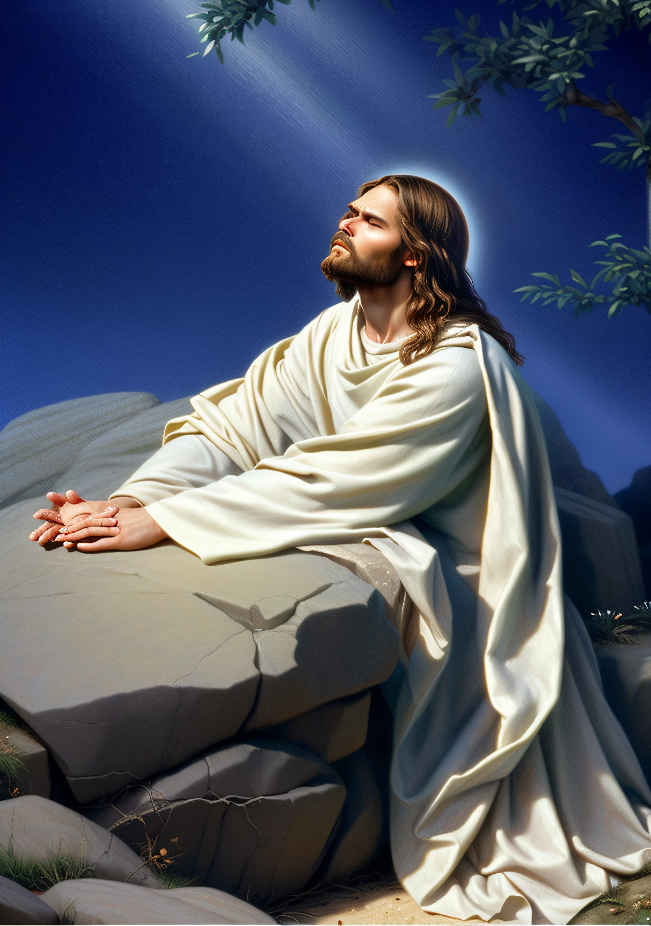 Jesus sitting on a rock with his hands clasped in prayer, Jesus Cristo, jesus of nazareth, kneeling in prayer, anjo sentado em uma rocha, Retrato de Jesus Cristo, biblical image, Jesus, ajoelhado e olhando para cima, Jesus Gigachad, Christian art, bible illustration, epic biblical representation, doing a prayer, Greg Olsen, Maximum detail on the face of Jesus, Maximum realism, ultrarrealista, maximum quality, Jesus Christ Expression of Earnest When Praying